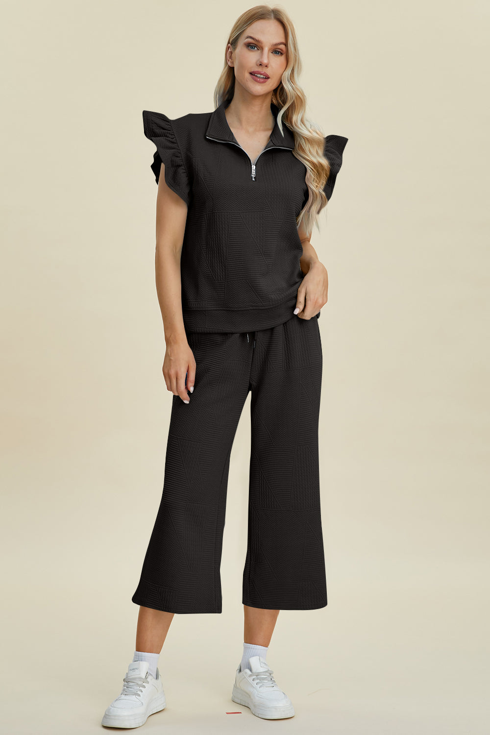 Double Take Full Size Texture Ruffle Short Sleeve Top and Wide Leg Pants Set-TOPS / DRESSES-[Adult]-[Female]-2022 Online Blue Zone Planet