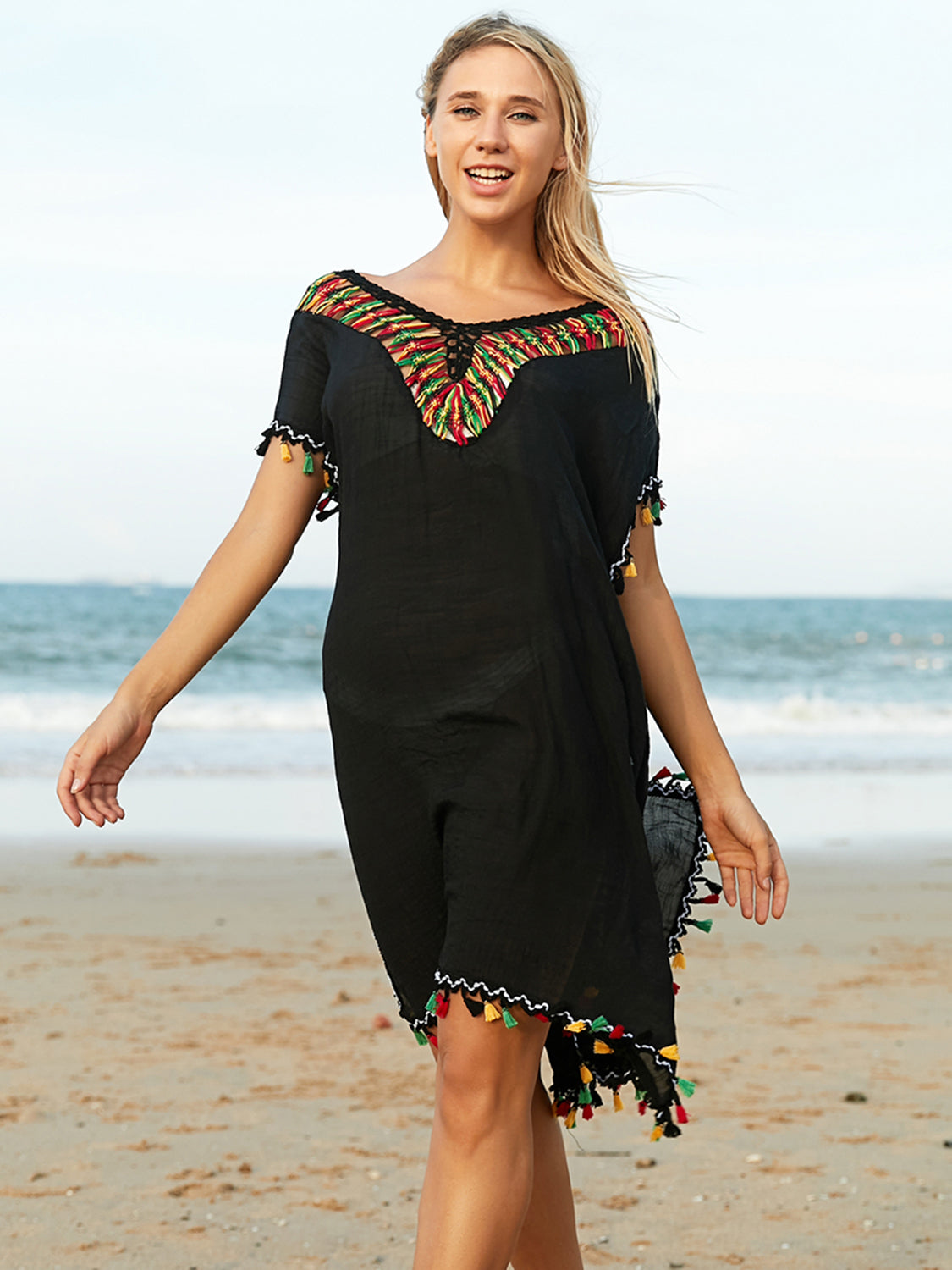 Tassel V-Neck Short Sleeve Cover Up-TOPS / DRESSES-[Adult]-[Female]-Black-One Size-2022 Online Blue Zone Planet