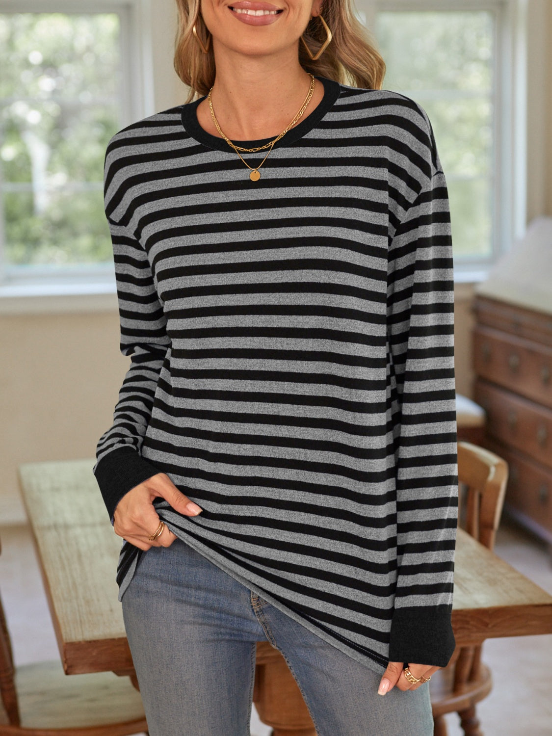 Blue Zone Planet | Lovelet Striped Round Neck Long Sleeve T-Shirt-TOPS / DRESSES-[Adult]-[Female]-2022 Online Blue Zone Planet