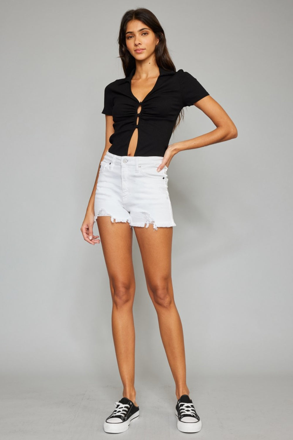 Kancan Full Size High Rise Frayed Hem Denim Shorts-BOTTOMS SIZES SMALL MEDIUM LARGE-[Adult]-[Female]-2022 Online Blue Zone Planet