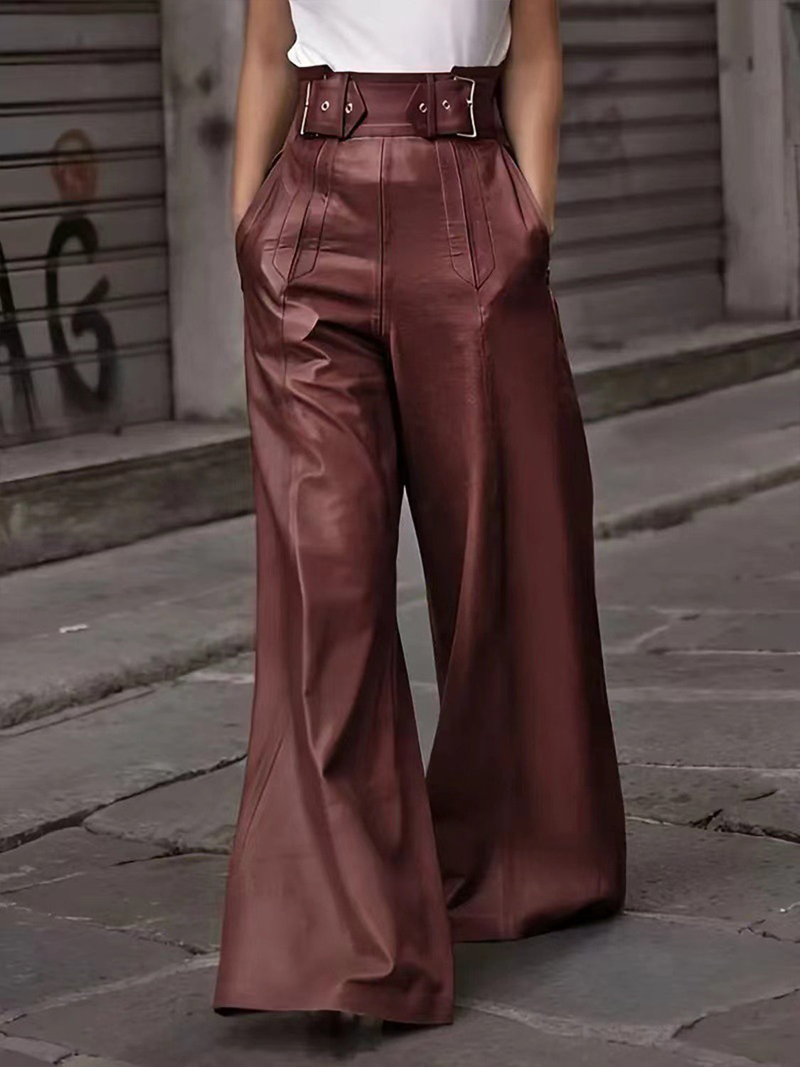 Blue Zone Planet | Half Elastic Waist Wide Leg Pants-BOTTOMS SIZES SMALL MEDIUM LARGE-[Adult]-[Female]-Burgundy-S-2022 Online Blue Zone Planet