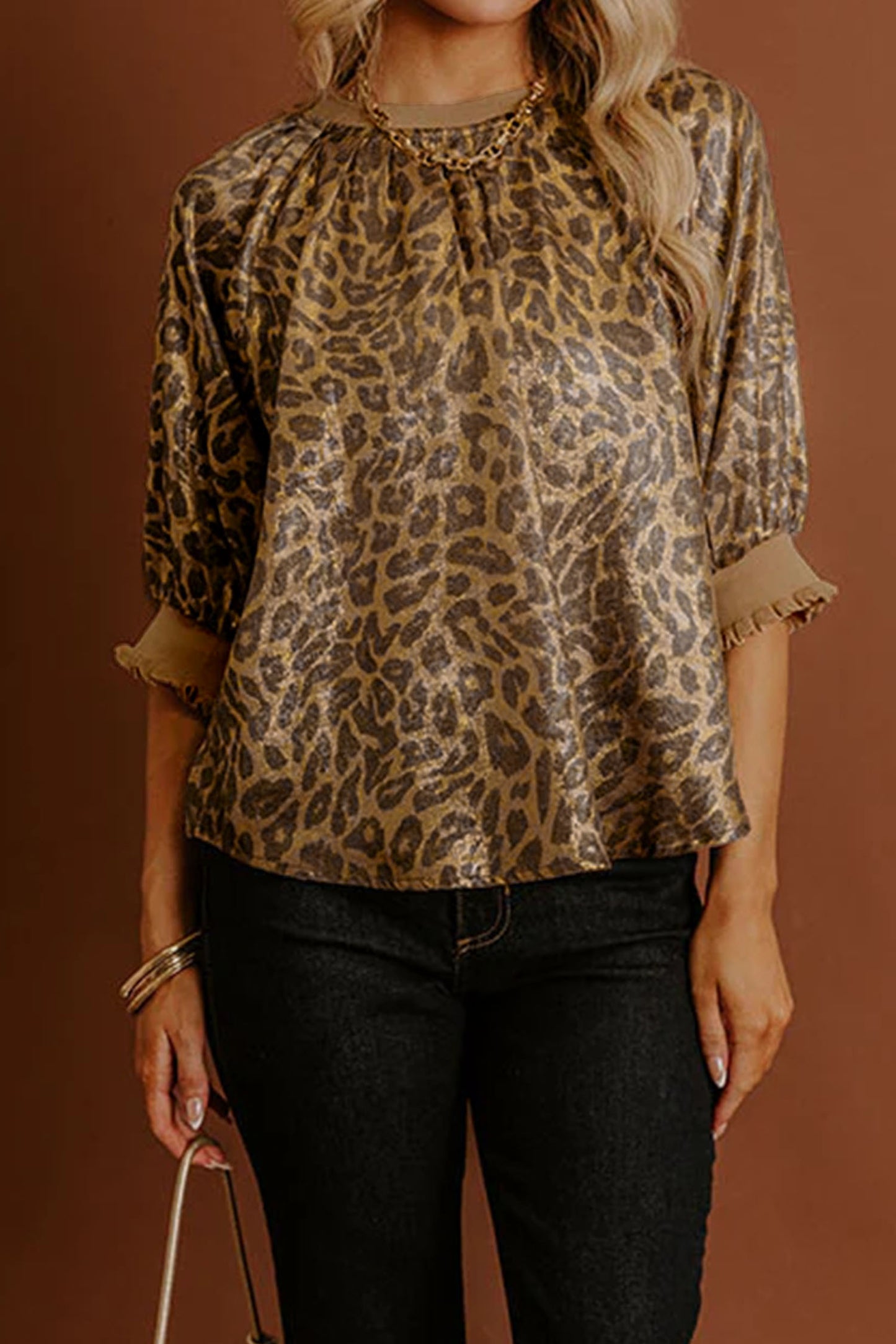 Gold Half Sleeve Metallic Leopard Print Blouse-Tops/Blouses & Shirts-[Adult]-[Female]-Gold-S-2022 Online Blue Zone Planet
