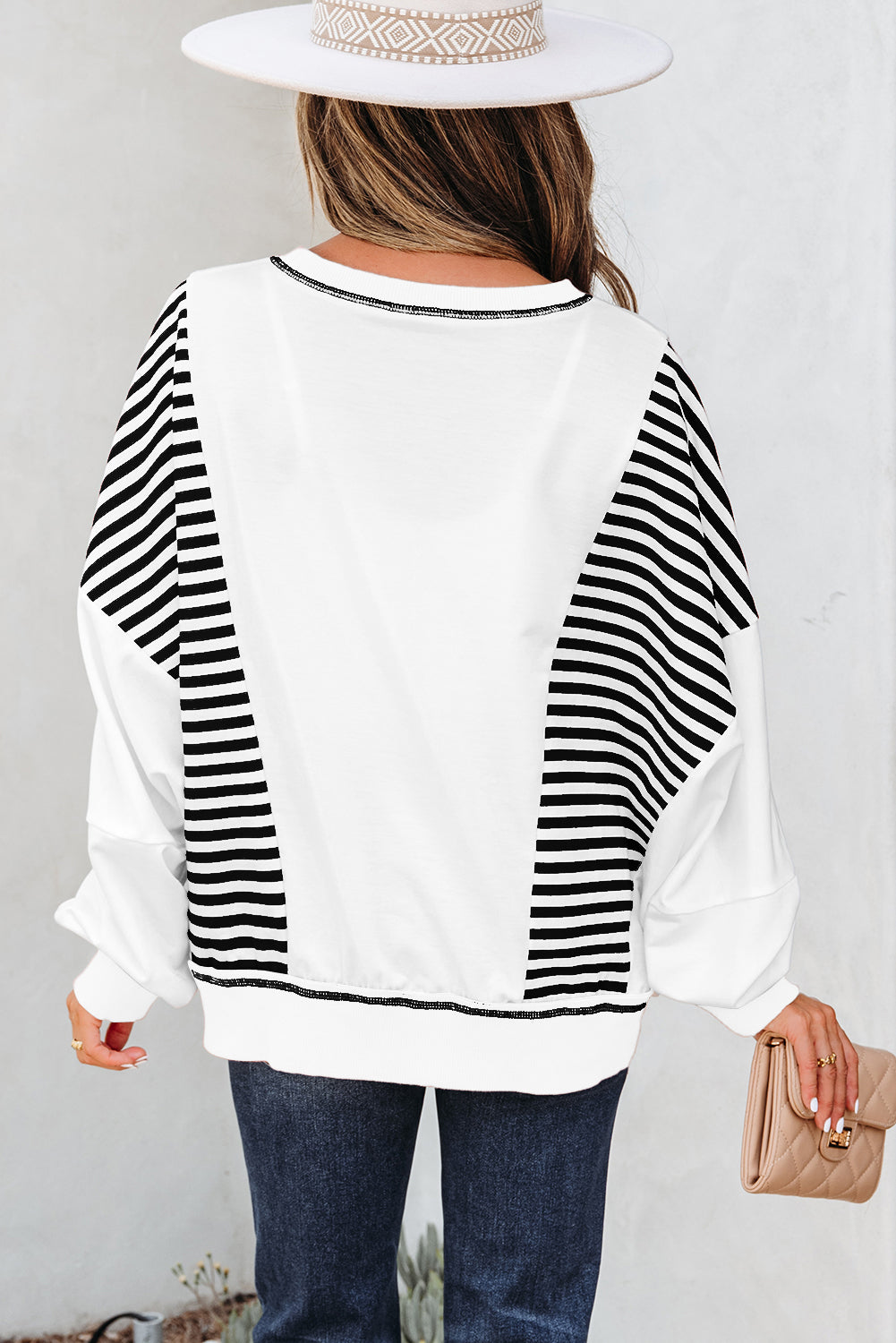 White Stripe Colorblock Patchwork Contrast Stitching Oversize Sweatshirt-Tops/Sweatshirts & Hoodies-[Adult]-[Female]-2022 Online Blue Zone Planet