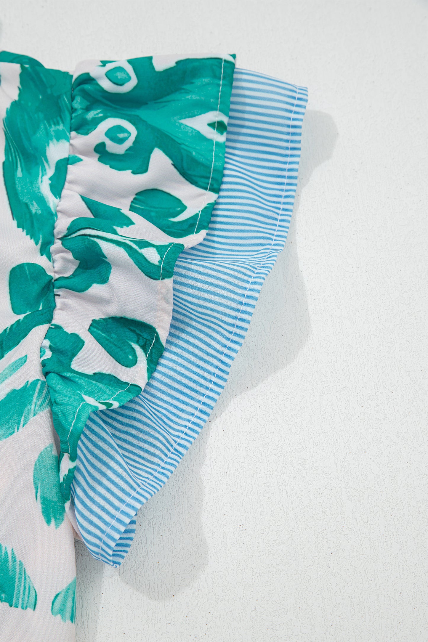 Sky Blue Ethnic Print Striped Trim Flutter Sleeve Top-Tops/Blouses & Shirts-[Adult]-[Female]-2022 Online Blue Zone Planet