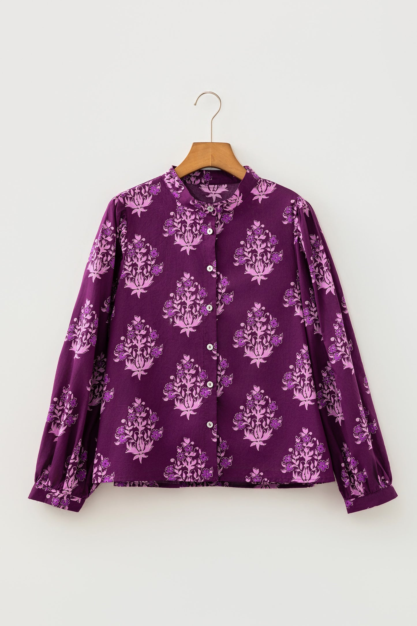 Purple Floral Print Button-Up Long Puff Sleeve Loose Shirt-Tops/Blouses & Shirts-[Adult]-[Female]-2022 Online Blue Zone Planet
