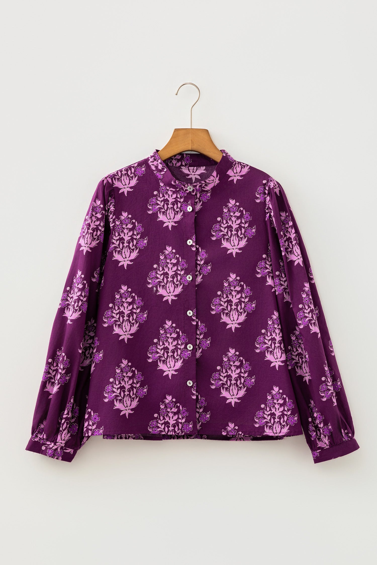 Purple Floral Print Button-Up Long Puff Sleeve Loose Shirt-Tops/Blouses & Shirts-[Adult]-[Female]-2022 Online Blue Zone Planet