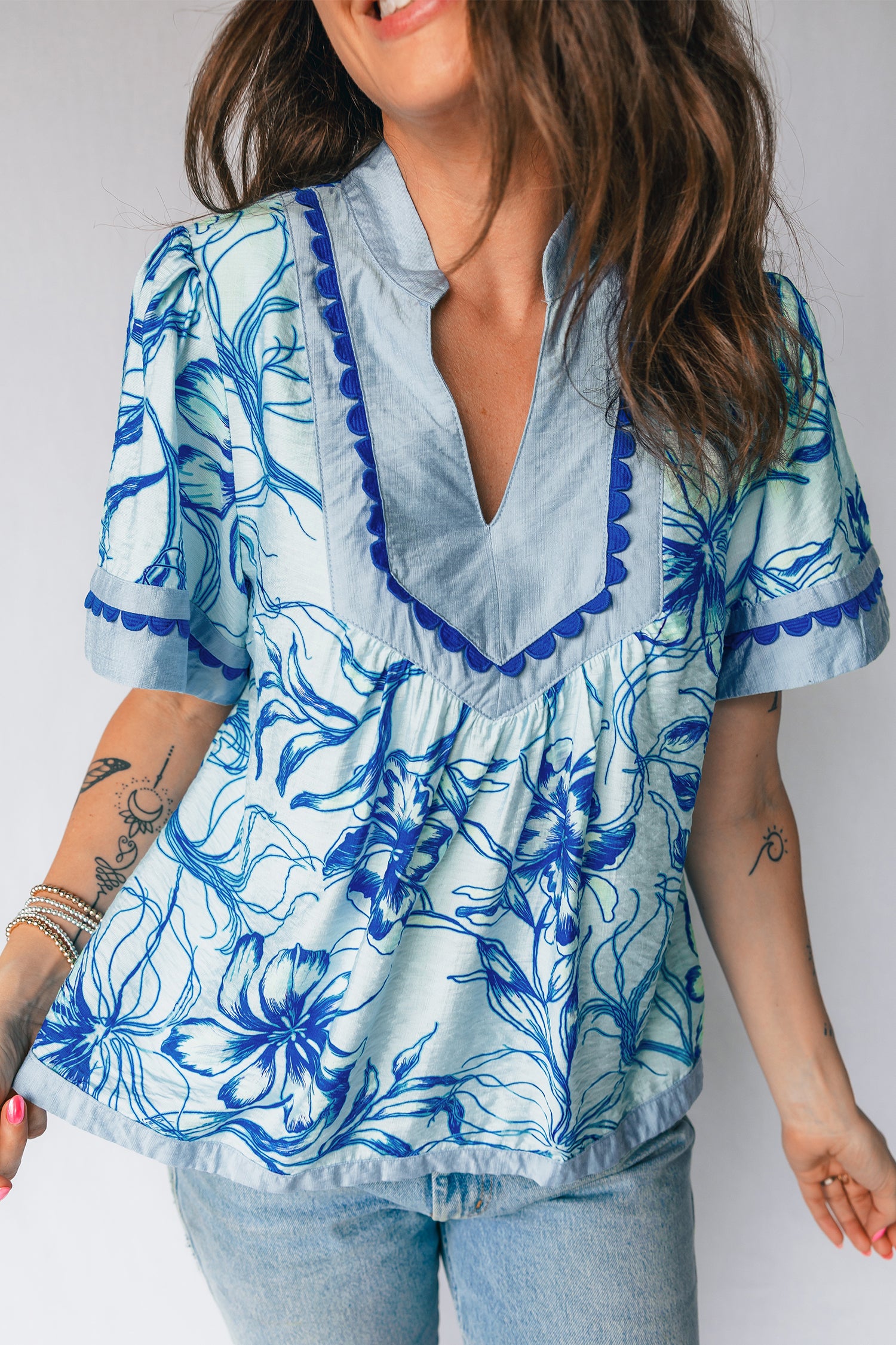 Sky Blue Ricrac Trim Slit V Neck Short Sleeve Floral Blouse-Tops/Blouses & Shirts-[Adult]-[Female]-2022 Online Blue Zone Planet