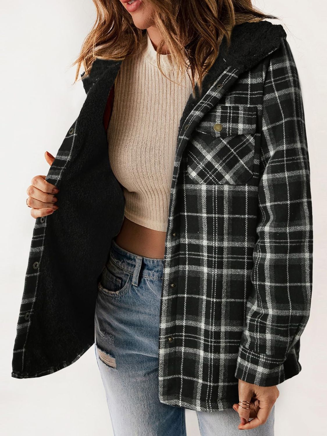 Plaid Snap Down Plush Hooded Jacket-TOPS / DRESSES-[Adult]-[Female]-2022 Online Blue Zone Planet