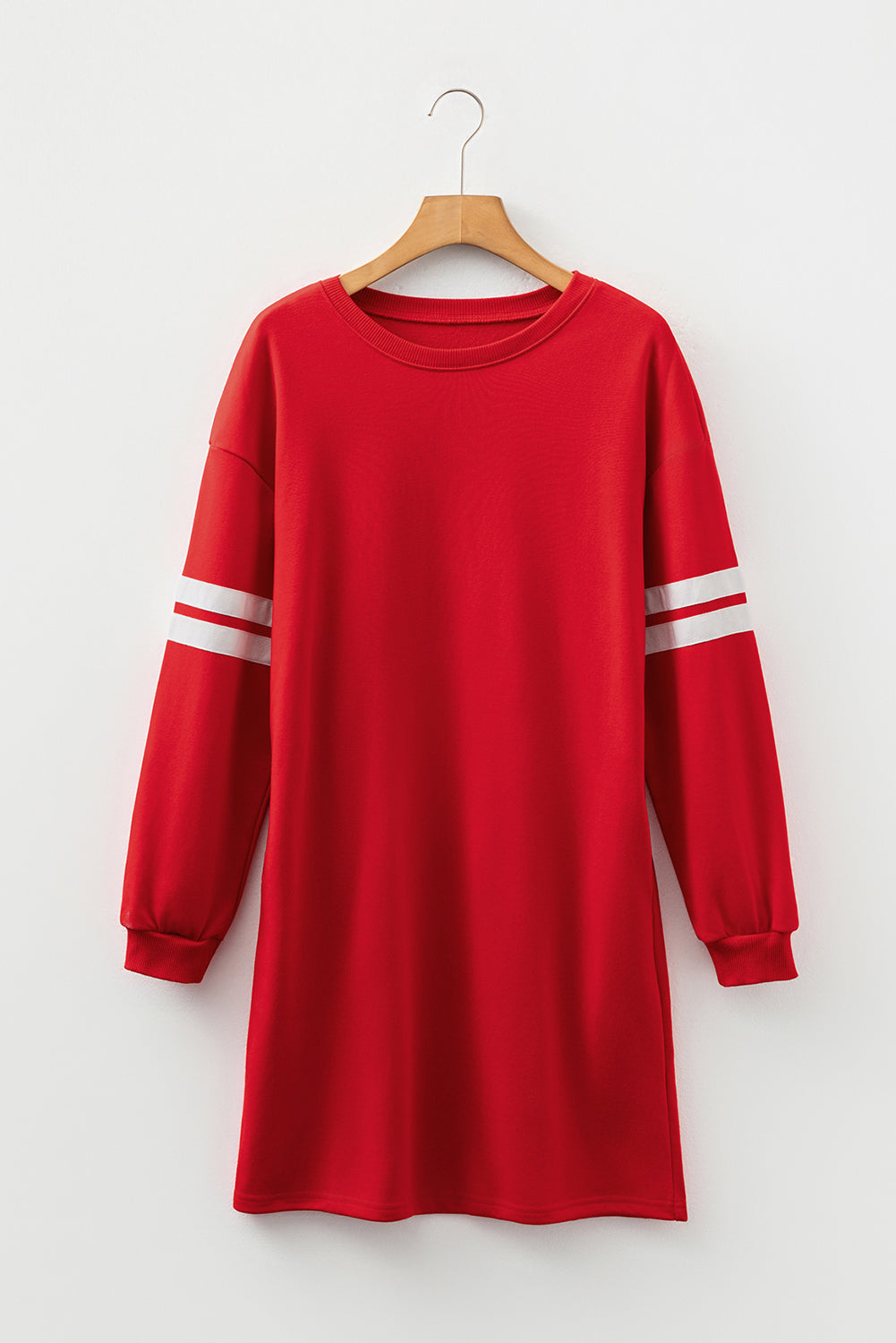 Fiery Red Varsity Contrast Banded Sleeve Shift Sweatshirt Dress-TOPS / DRESSES-[Adult]-[Female]-2022 Online Blue Zone Planet