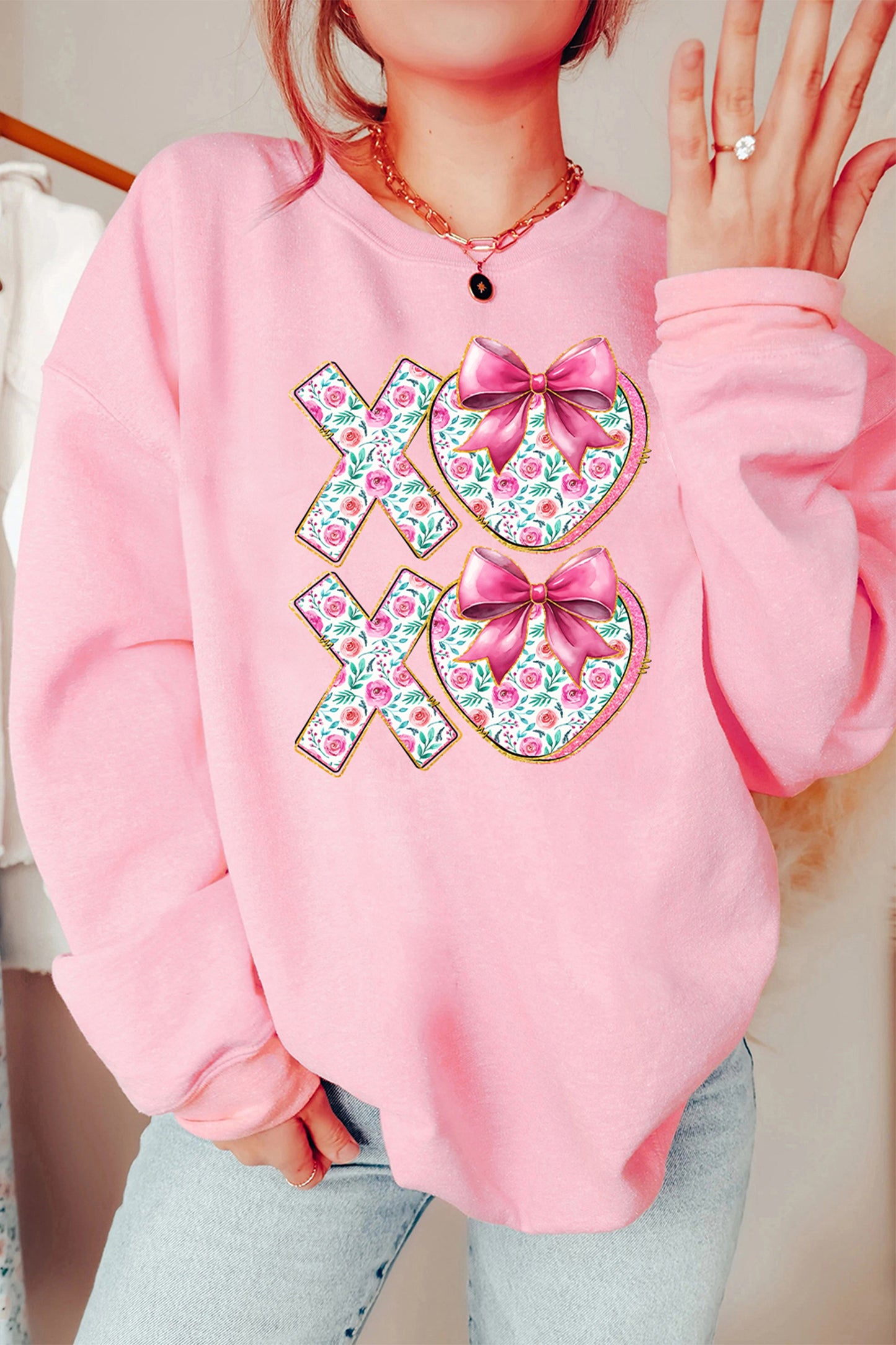 Pink Sweet Bow Floral Printed Valentines Day XOXO Sweatshirt-Graphic Sweatshirts-[Adult]-[Female]-2022 Online Blue Zone Planet