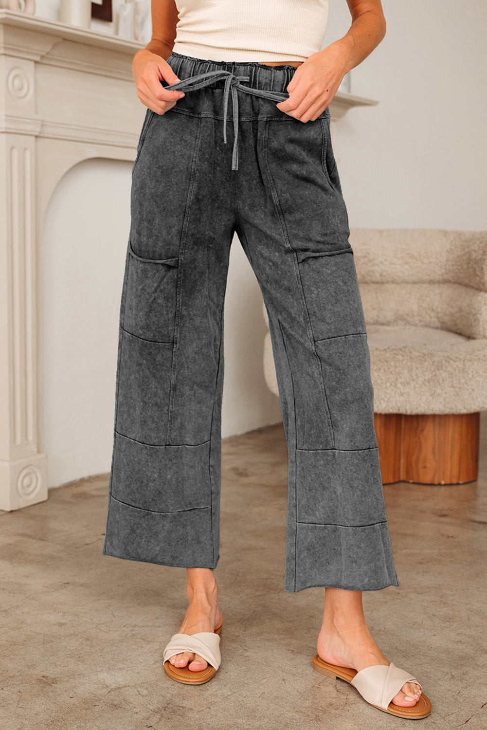 Medium Grey Mineral Wash Lace-Up High Waist Raw Hem Patched Pocket Pants-Bottoms/Pants & Culotte-[Adult]-[Female]-2022 Online Blue Zone Planet