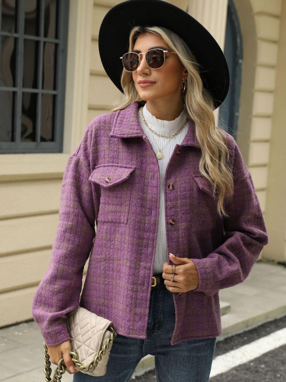 Plaid Collared Neck Long Sleeve Jacket-TOPS / DRESSES-[Adult]-[Female]-2022 Online Blue Zone Planet