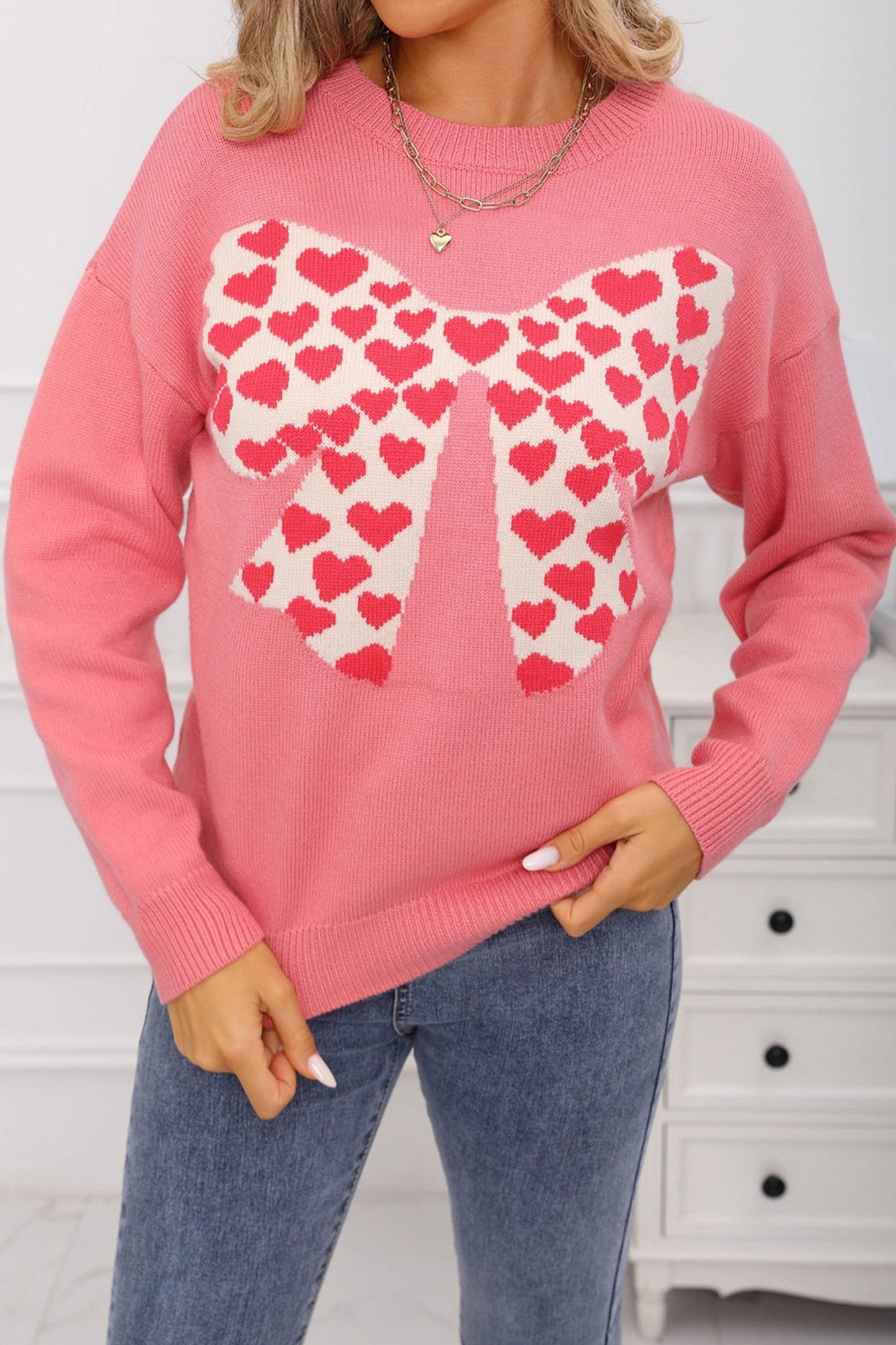 Dusty Pink Heart Bow Graphic Valentine Sweater-TOPS / DRESSES-[Adult]-[Female]-2022 Online Blue Zone Planet