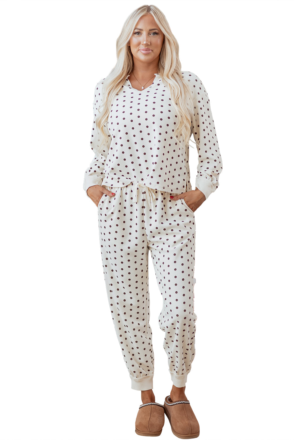 White Polka Dot Print Notched Neck Long Sleeve Top Drawstring Jogger Pants Waffle Knit Lounge Set-Loungewear & Sleepwear/Loungewear-[Adult]-[Female]-2022 Online Blue Zone Planet