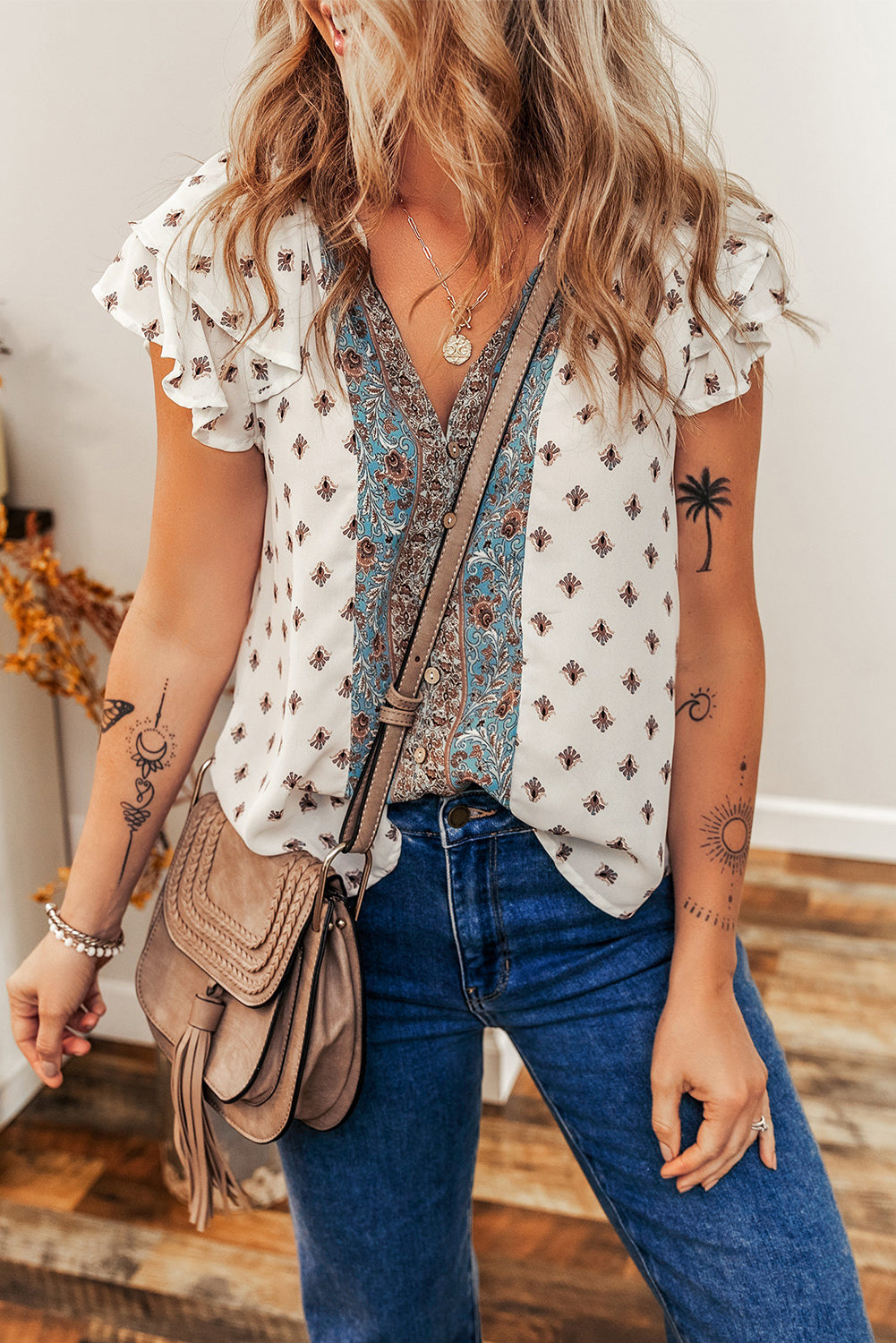 White Boho Pattern Tiered Ruffled Sleeve V Neck Buttoned Blouse-Tops/Blouses & Shirts-[Adult]-[Female]-White-S-2022 Online Blue Zone Planet