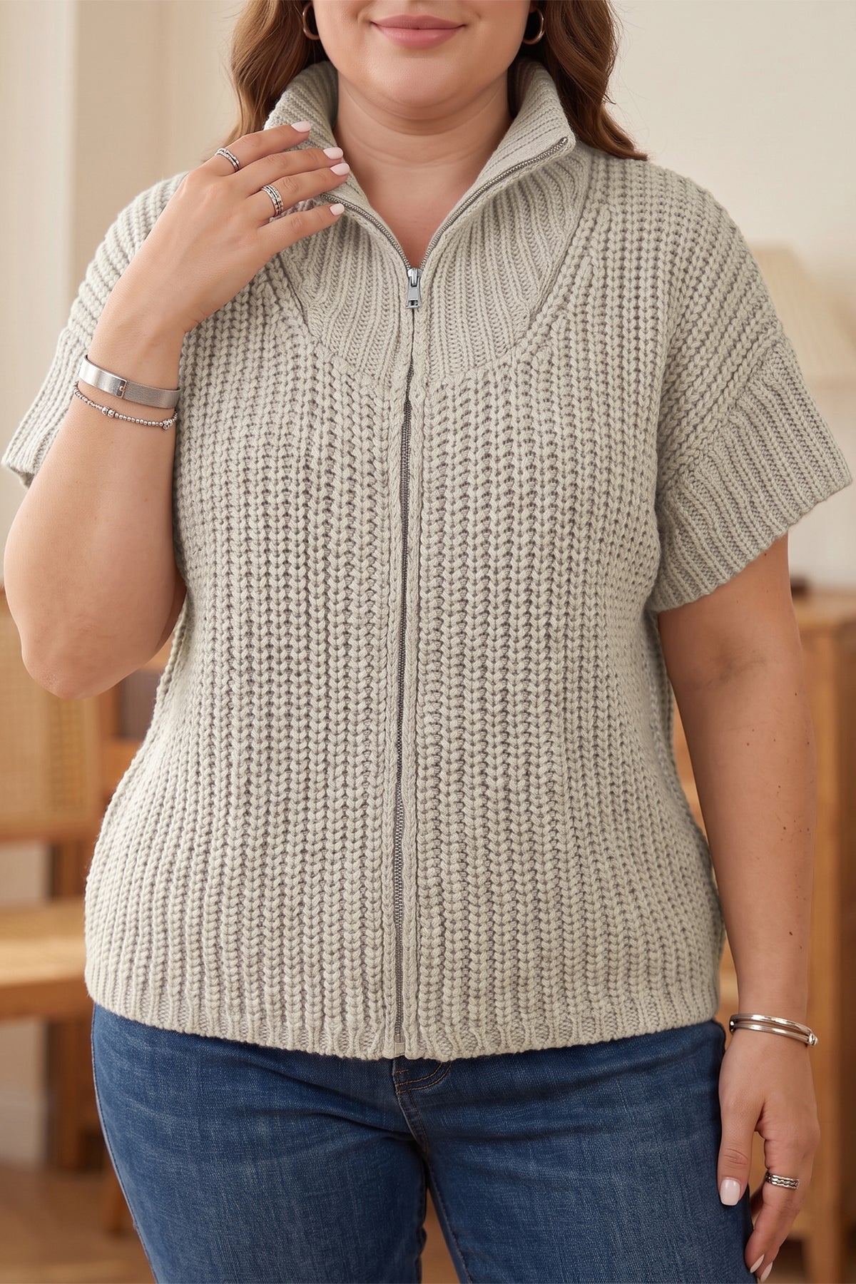 Jet Stream Plus Size Short Sleeve Ribbed Knit Zip Up Tunic Sweater-Plus Size/Plus Size Sweaters & Cardigans-[Adult]-[Female]-Jet Stream-1X-2022 Online Blue Zone Planet