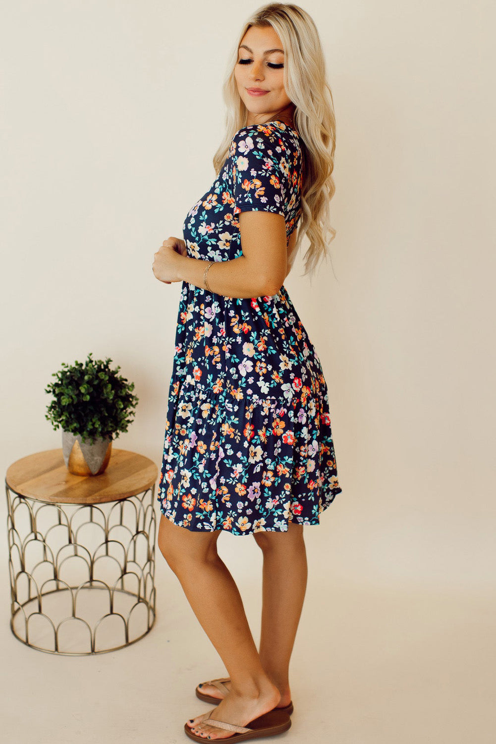 Blue Zone Planet |  Blue Short Sleeve A-line Floral Dress Blue Zone Planet