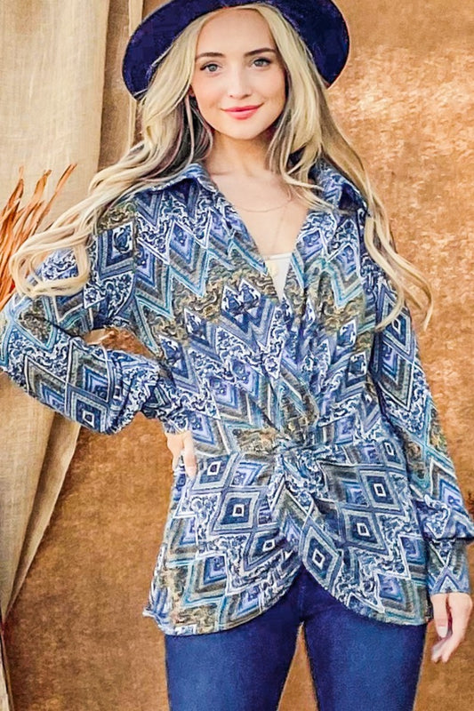 And The Why Print Twist Knot Long Sleeve Blouse-TOPS / DRESSES-[Adult]-[Female]-French Blue-S-2022 Online Blue Zone Planet