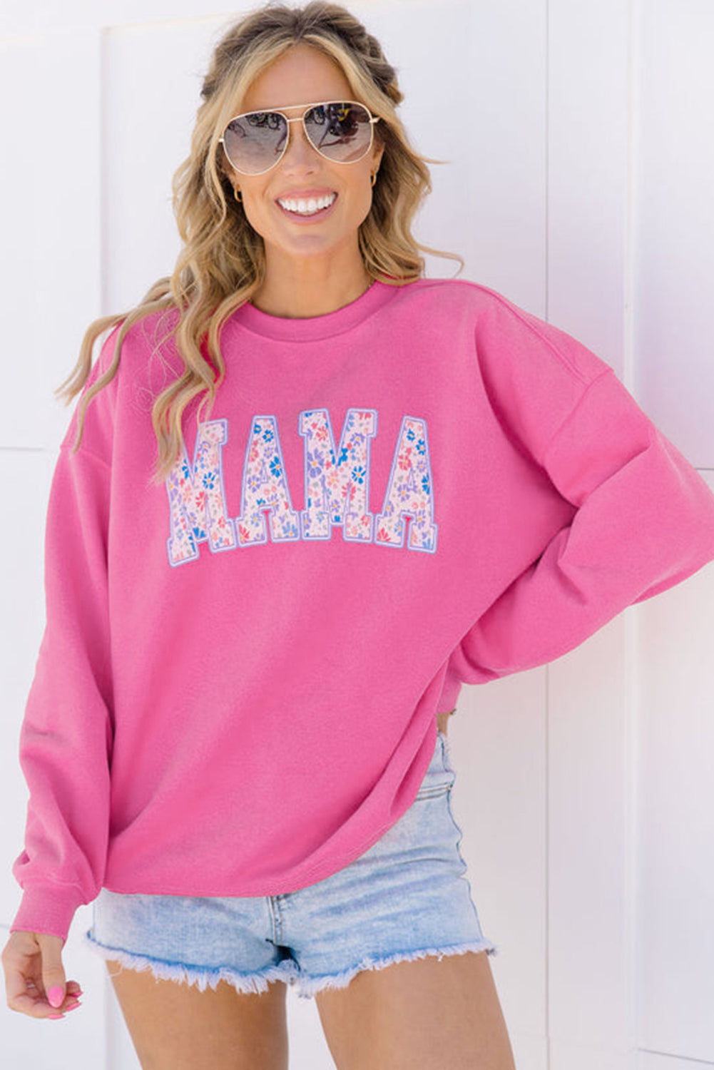 Rose Red Floral MAMA Embroidered Graphic Pullover Sweatshirt-Tops/Sweatshirts & Hoodies-[Adult]-[Female]-2022 Online Blue Zone Planet