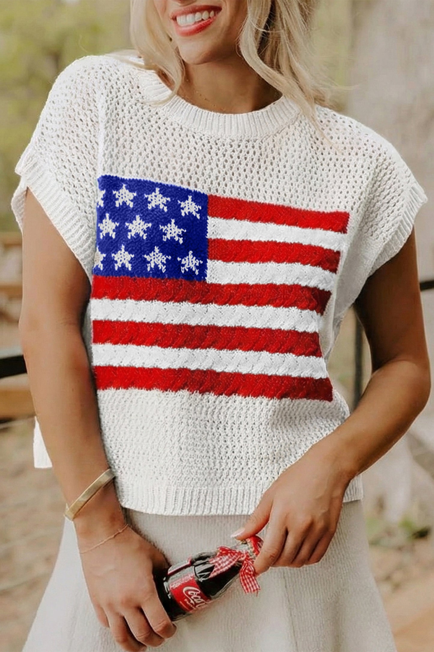 Sky Blue Flag Graphic Short Sleeve Sweater Top-TOPS / DRESSES-[Adult]-[Female]-White-S-2022 Online Blue Zone Planet