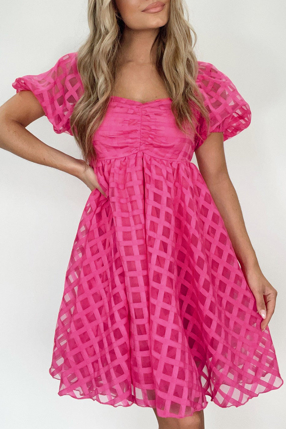 Strawberry Pink Checkered Puff Sleeve Babydoll Dress-TOPS / DRESSES-[Adult]-[Female]-Strawberry Pink-S-2022 Online Blue Zone Planet