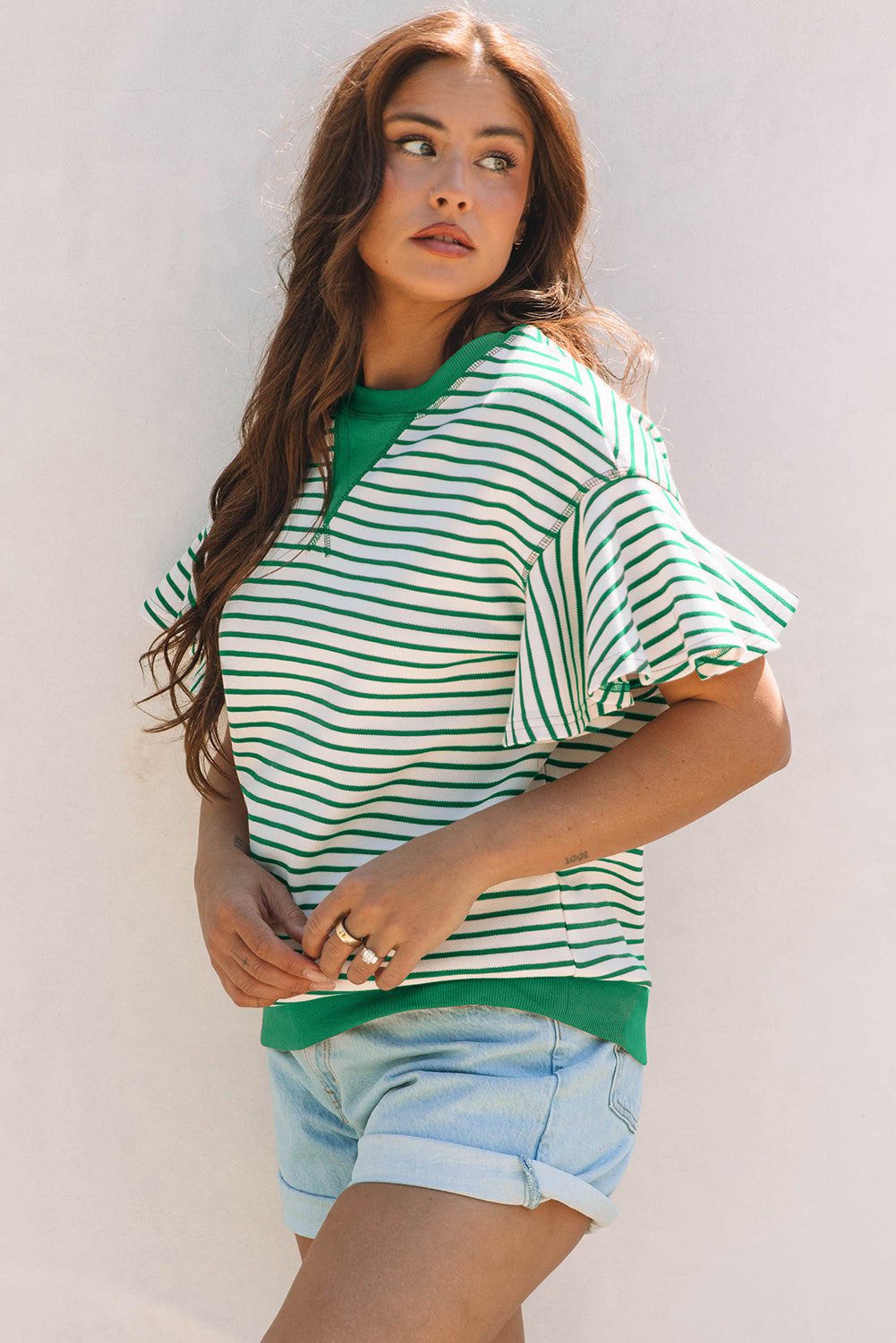 Bright Green Contrast Detail Striped Ruffle Short Sleeve Top-Tops/Blouses & Shirts-[Adult]-[Female]-2022 Online Blue Zone Planet