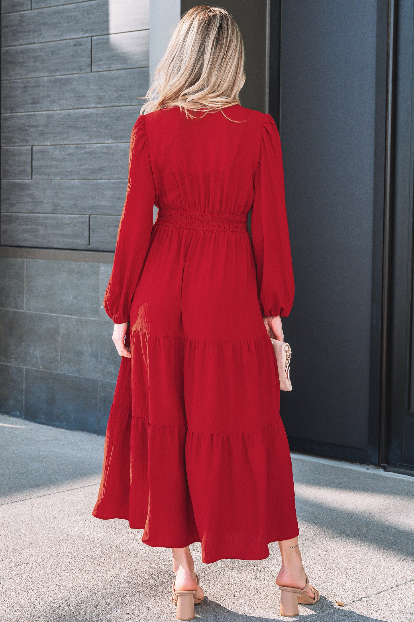 Racing Red Contrast Embroidered Detail Cinched Waist Tiered Long Sleeve Maxi Dress