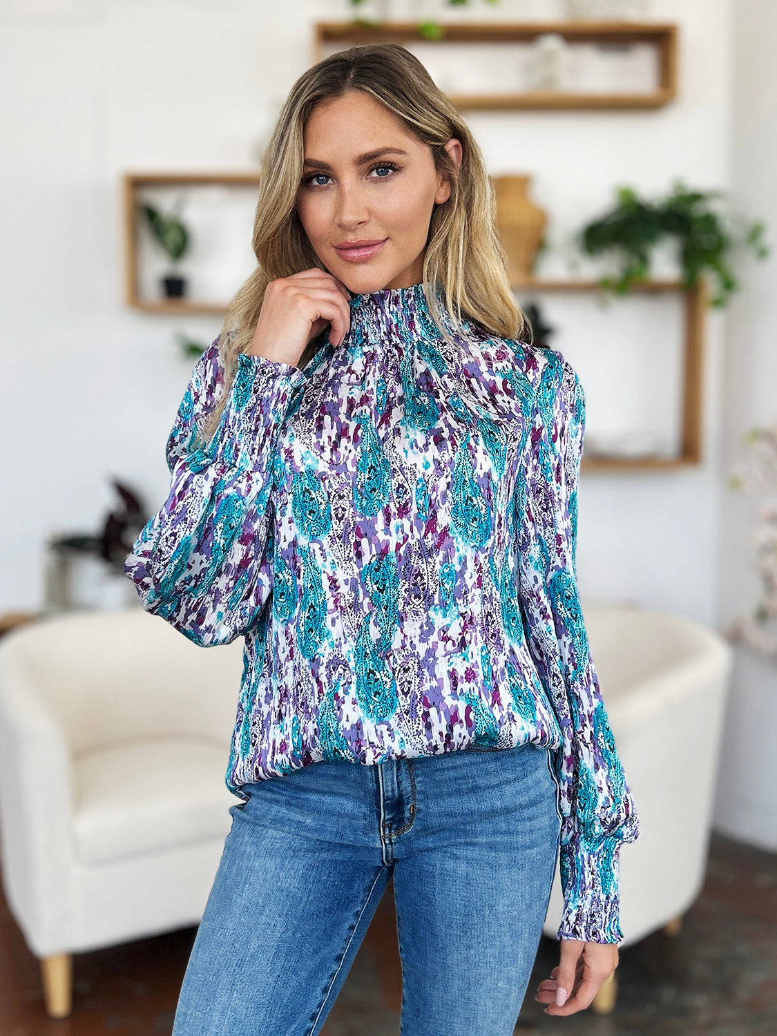 Blue Zone Planet | Double Take Full Size Printed Smocked Long Sleeve Blouse-TOPS / DRESSES-[Adult]-[Female]-2022 Online Blue Zone Planet