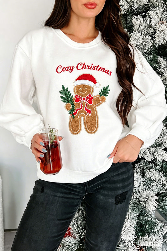 White Embroidered Gingerbread Cozy Christmas Long Sleeve Round Neck Pullover Sweatshirt-Tops/Sweatshirts & Hoodies-[Adult]-[Female]-White-S-2022 Online Blue Zone Planet