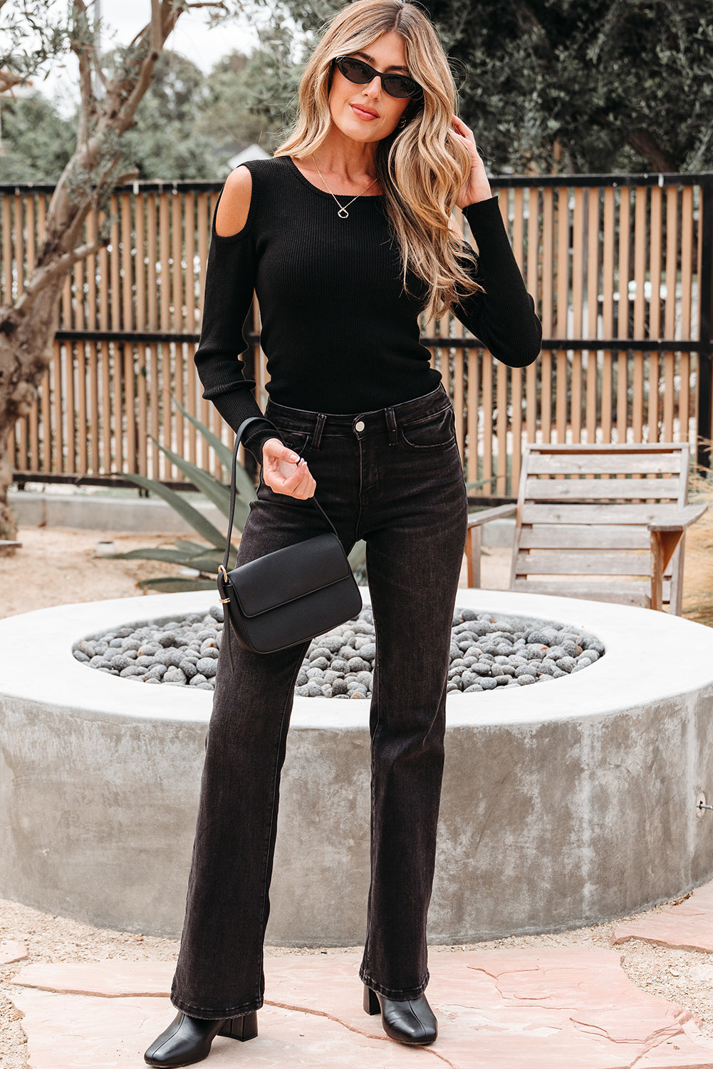 Black Ribbed Knit Cold Shoulder Sweater-TOPS / DRESSES-[Adult]-[Female]-2022 Online Blue Zone Planet