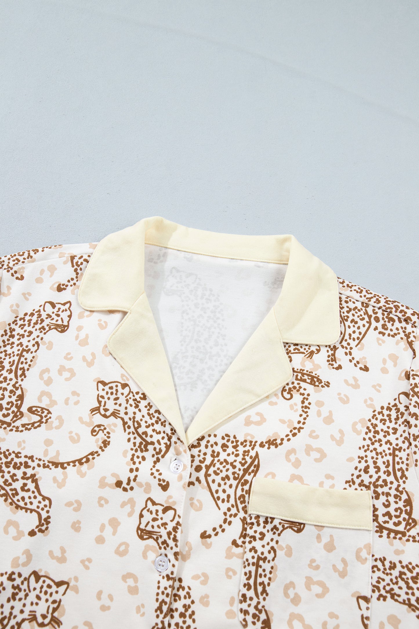 Yellow Leopard Print Colorblock Pocket Placket Long Sleeve Lounge Set-Loungewear & Sleepwear/Loungewear-[Adult]-[Female]-2022 Online Blue Zone Planet