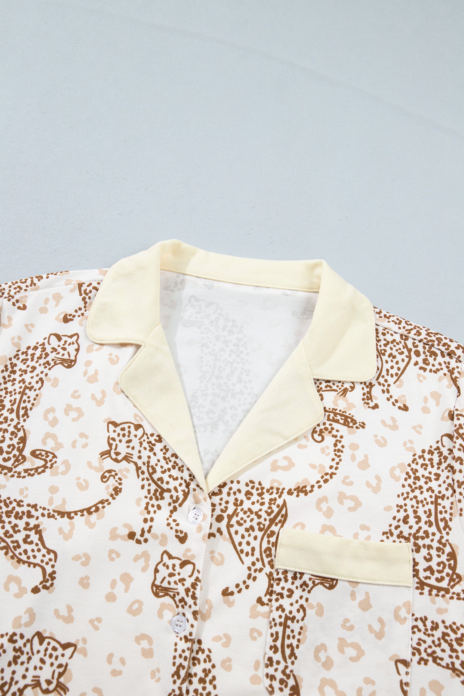 Yellow Leopard Print Colorblock Pocket Placket Long Sleeve Lounge Set-Loungewear & Sleepwear/Loungewear-[Adult]-[Female]-2022 Online Blue Zone Planet