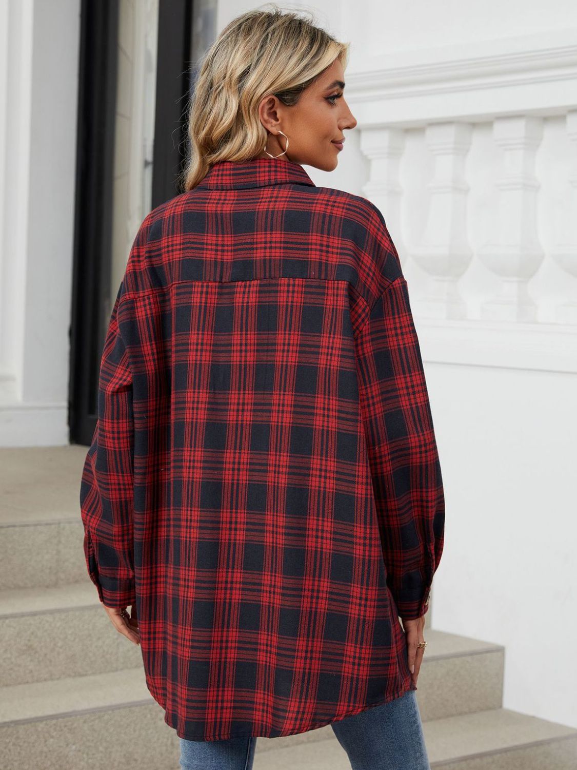 Plaid Collared Neck Long Sleeve Shirt-TOPS / DRESSES-[Adult]-[Female]-2022 Online Blue Zone Planet