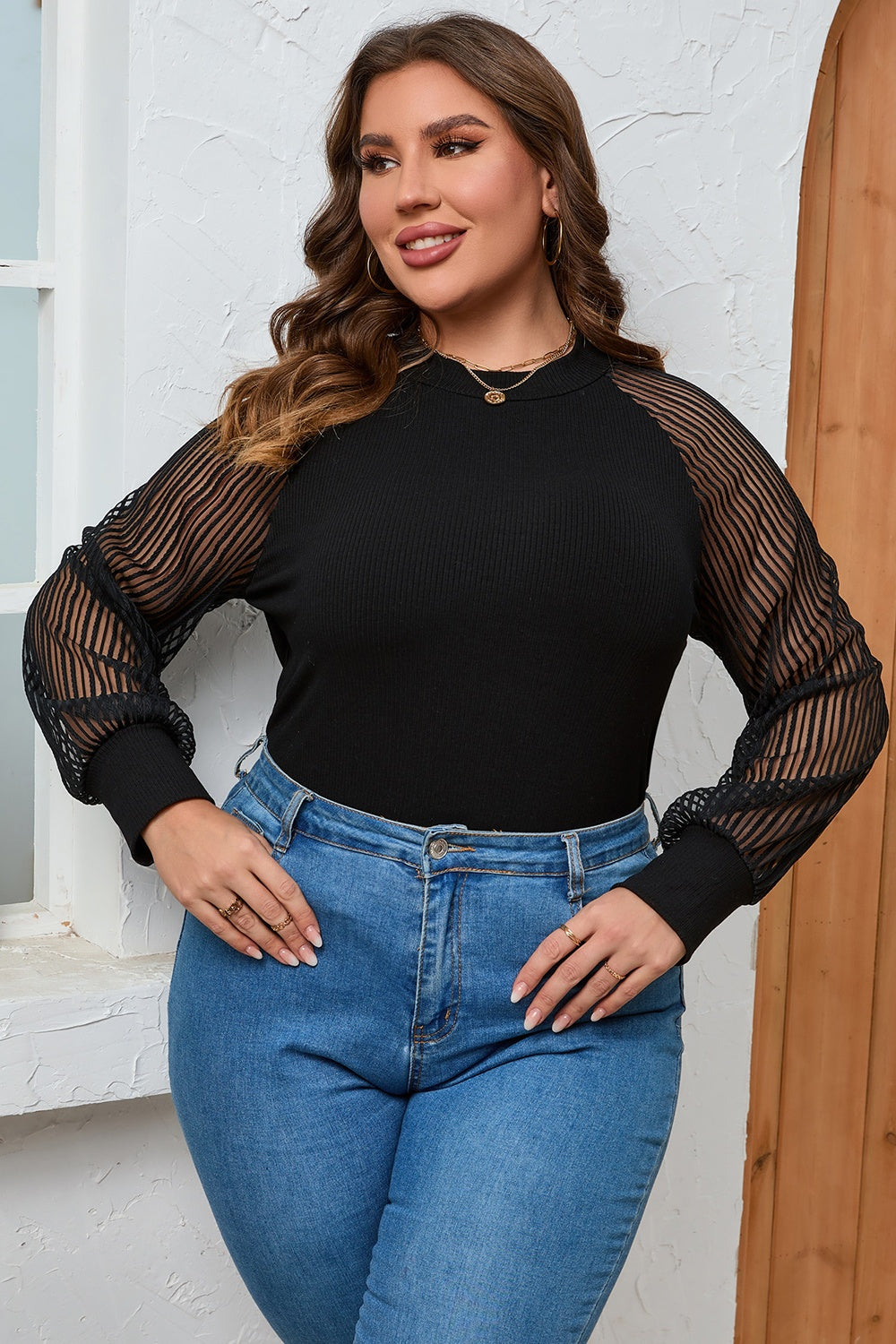 Plus Size Round Neck Long Sleeve Blouse-TOPS / DRESSES-[Adult]-[Female]-2022 Online Blue Zone Planet