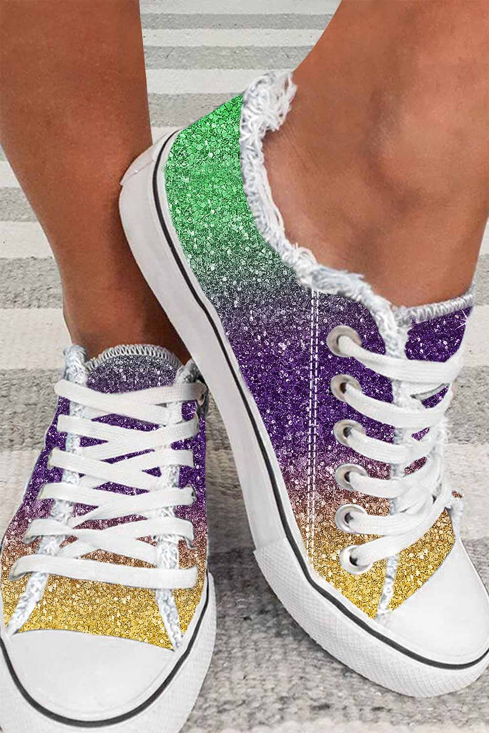 Multicolor Shiny Gradient Raw Hem Lace-up Flat Canvas Shoes-Shoes & Bags/Womens Shoes-[Adult]-[Female]-Multicolor-38-2022 Online Blue Zone Planet