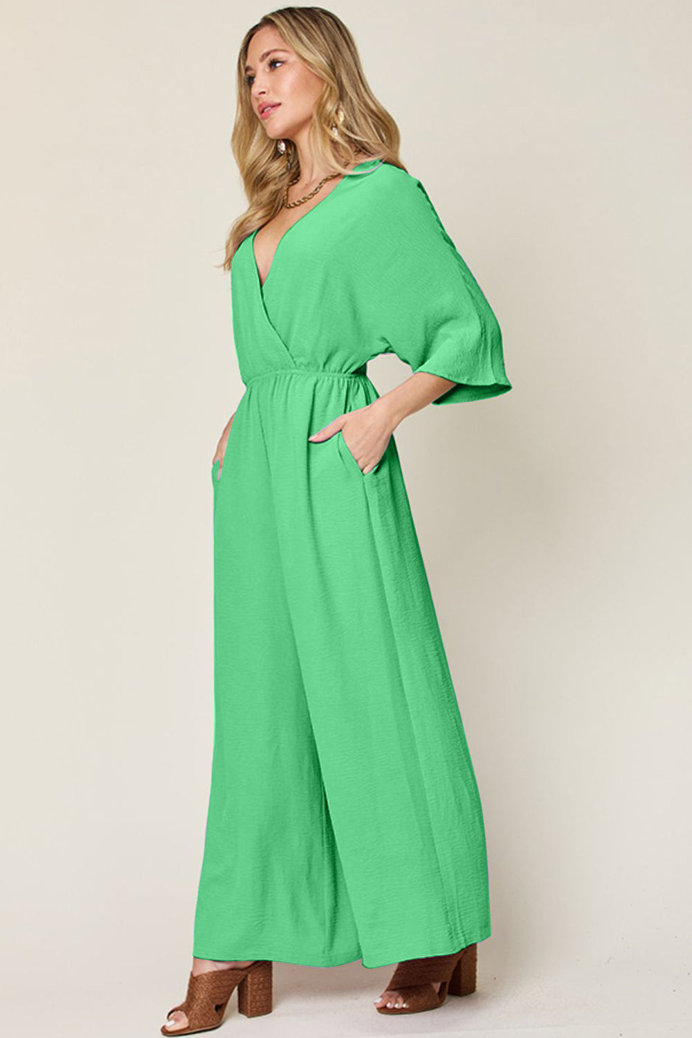 Double Take Full Size Surplice Wide Leg Jumpsuit with Pockets-TOPS / DRESSES-[Adult]-[Female]-Mid Green-S-2022 Online Blue Zone Planet