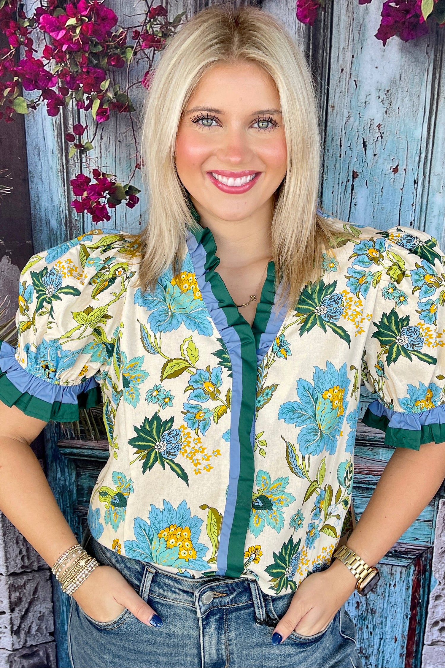 Sky Blue Plus Size Frilled V Neck Short Sleeve Floral Blouse-Plus Size/Plus Size Tops/Plus Size Blouses & Shirts-[Adult]-[Female]-2022 Online Blue Zone Planet