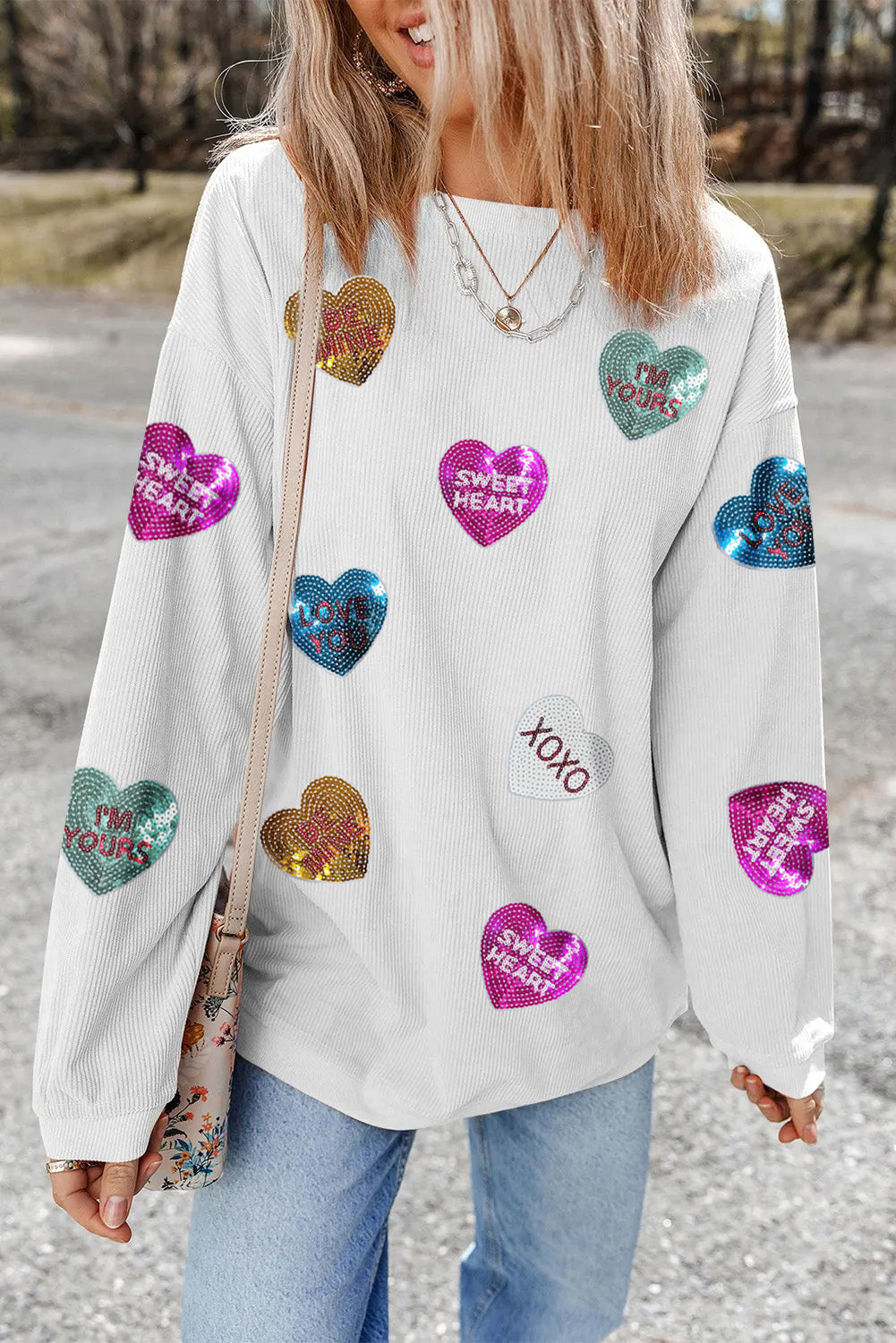 White Letter Print Heart Graphic Valentines Corded Crewneck Sweatshirt-Graphic Sweatshirts-[Adult]-[Female]-2022 Online Blue Zone Planet