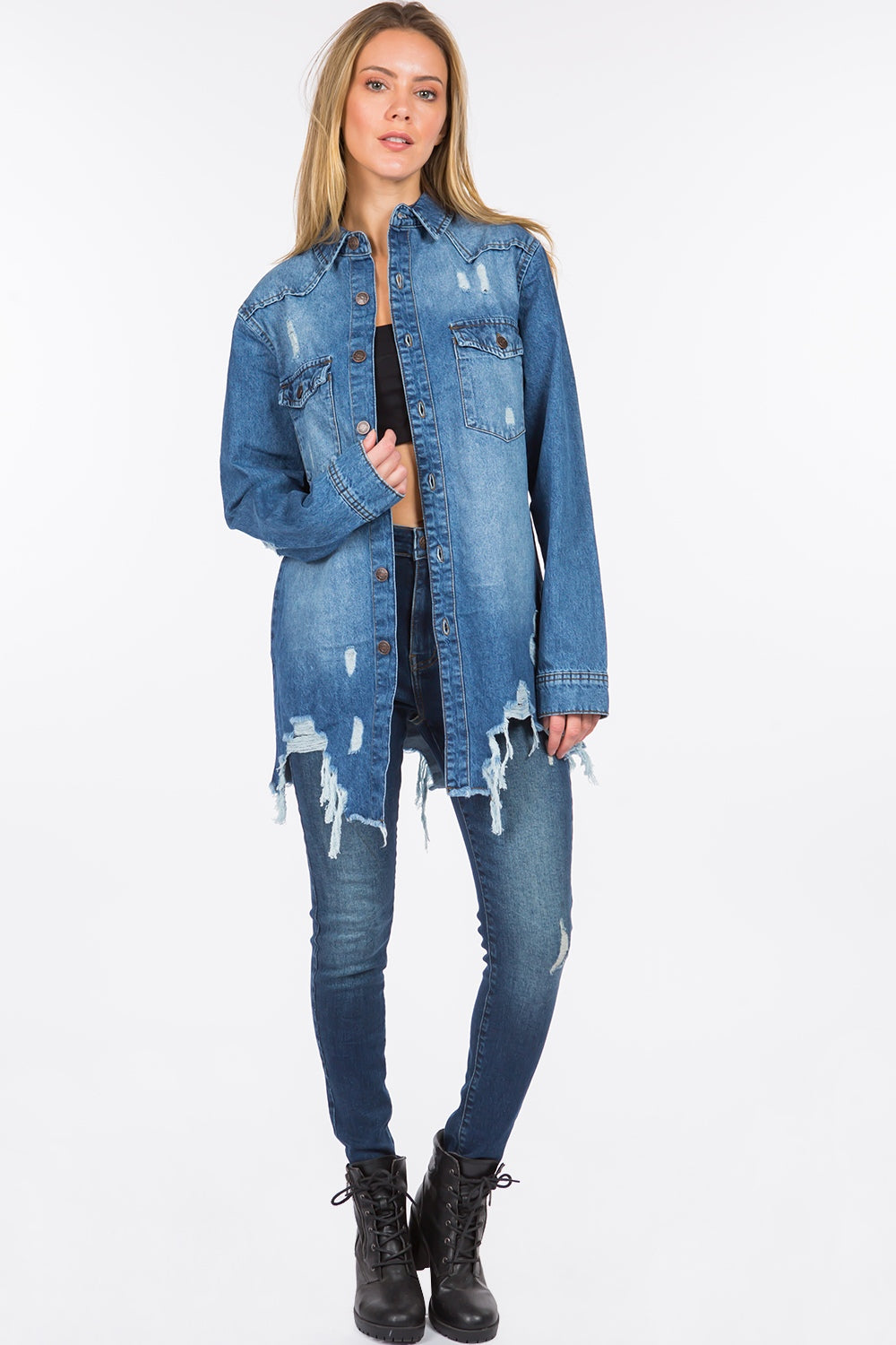 Blue Zone Planet | American Bazi Distressed Frayed Hem Denim Jacket-TOPS / DRESSES-[Adult]-[Female]-2022 Online Blue Zone Planet