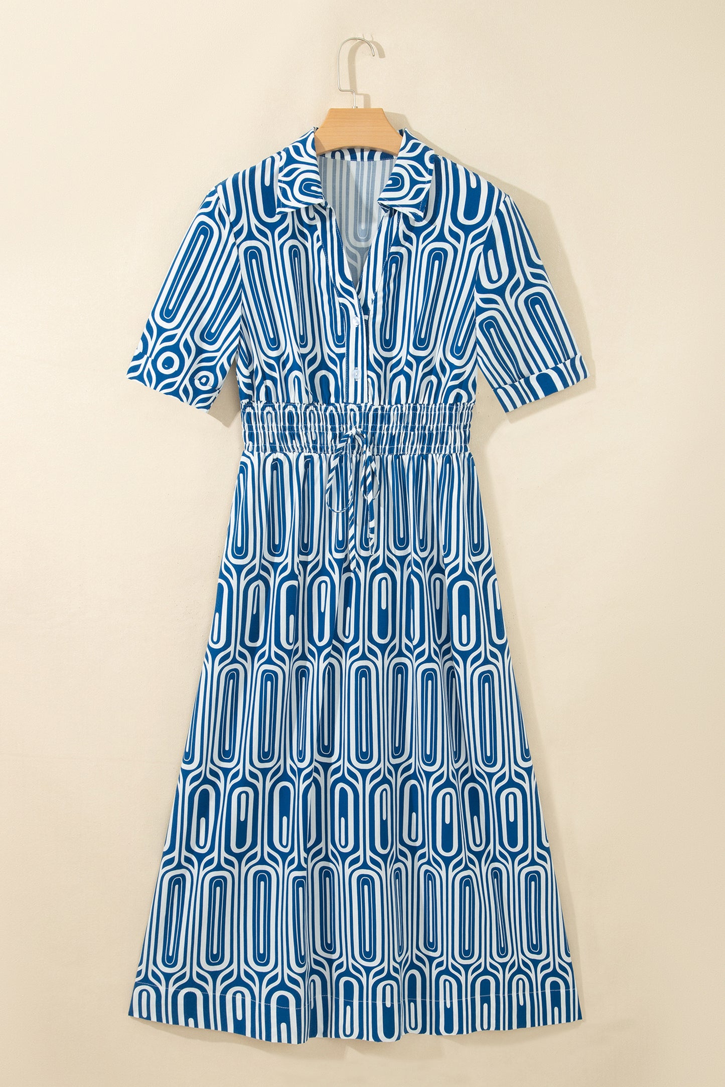 Blue Geometric Print Short Sleeve Drawstring Shirt Collar Dress-TOPS / DRESSES-[Adult]-[Female]-2022 Online Blue Zone Planet