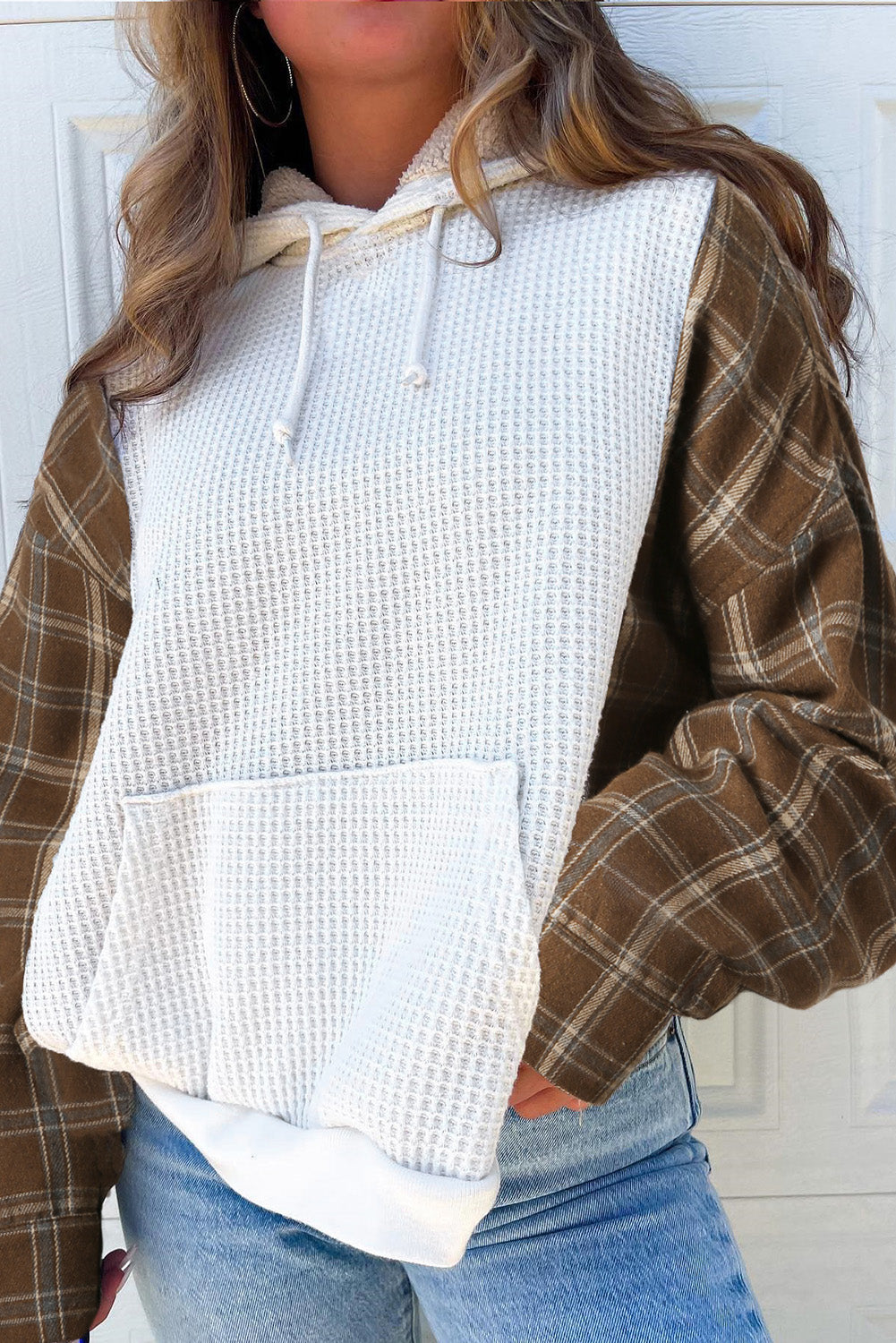 Waffle Knit Plaid Long Sleeve Kangaroo Pocket Hoodie-TOPS / DRESSES-[Adult]-[Female]-2022 Online Blue Zone Planet