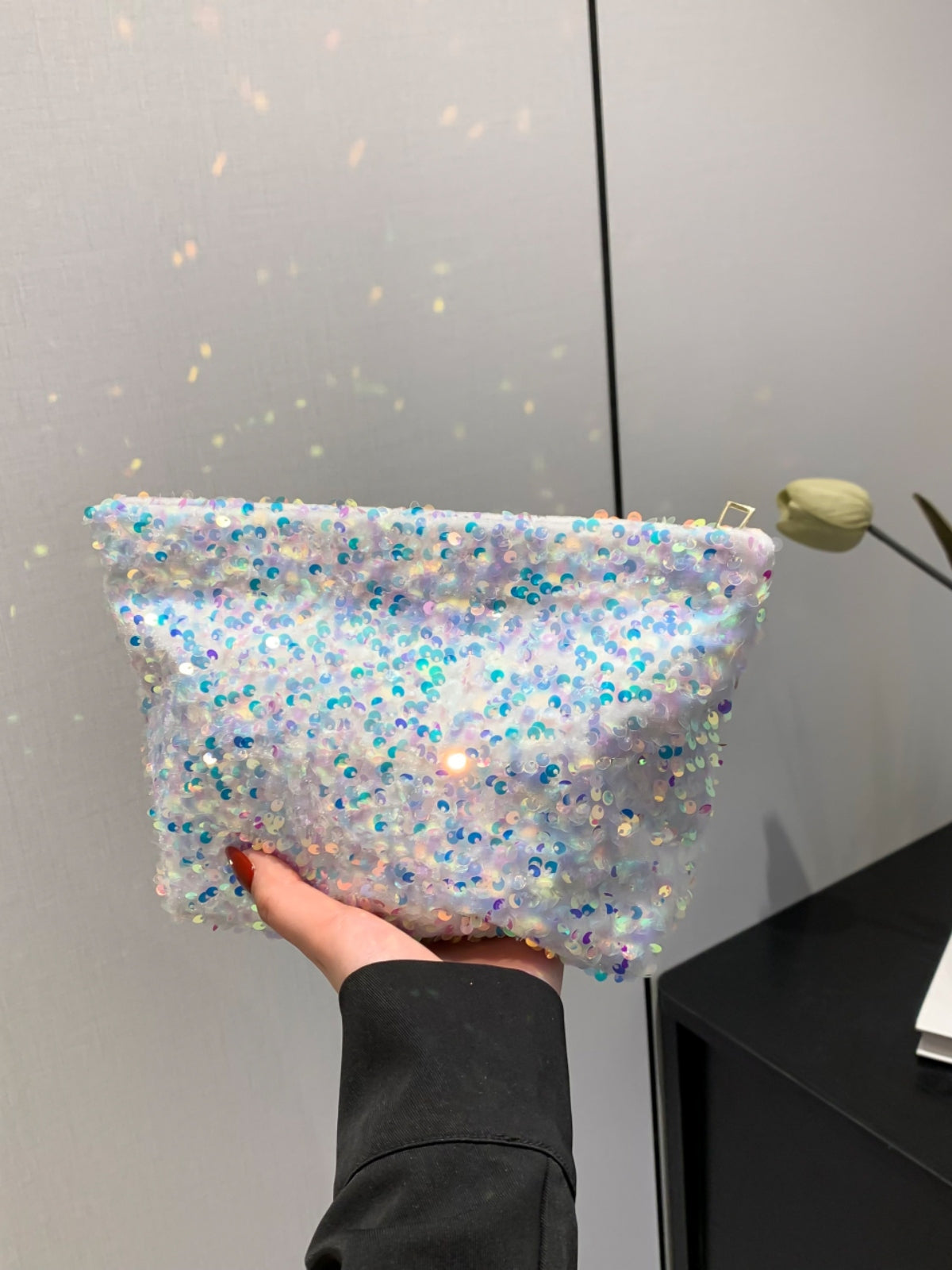 Sequin Clutch with Zipper-HANDBAGS-[Adult]-[Female]-White-One Size-2022 Online Blue Zone Planet