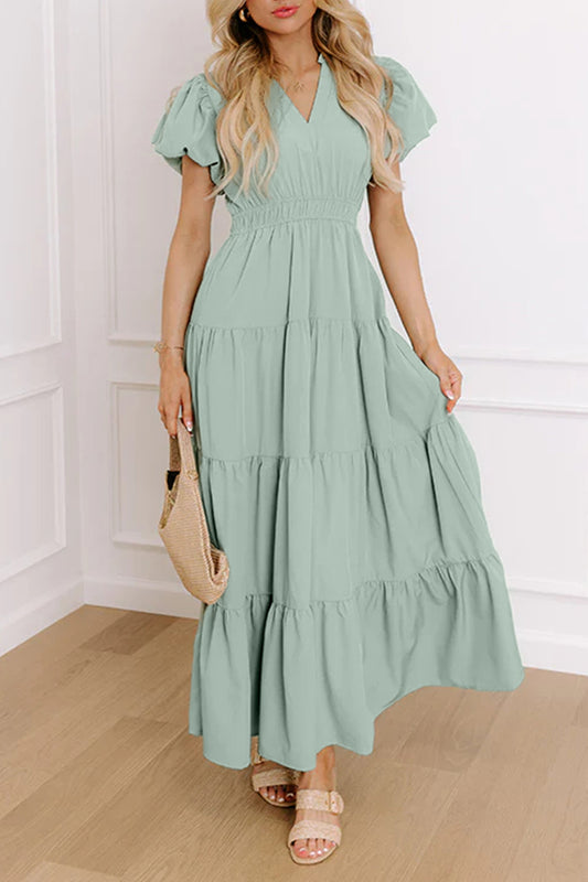 Clearly Aqua Solid Color V Neck Short Puff Sleeve High Waist Tiered Maxi Dress-TOPS / DRESSES-[Adult]-[Female]-Clearly Aqua-S-2022 Online Blue Zone Planet