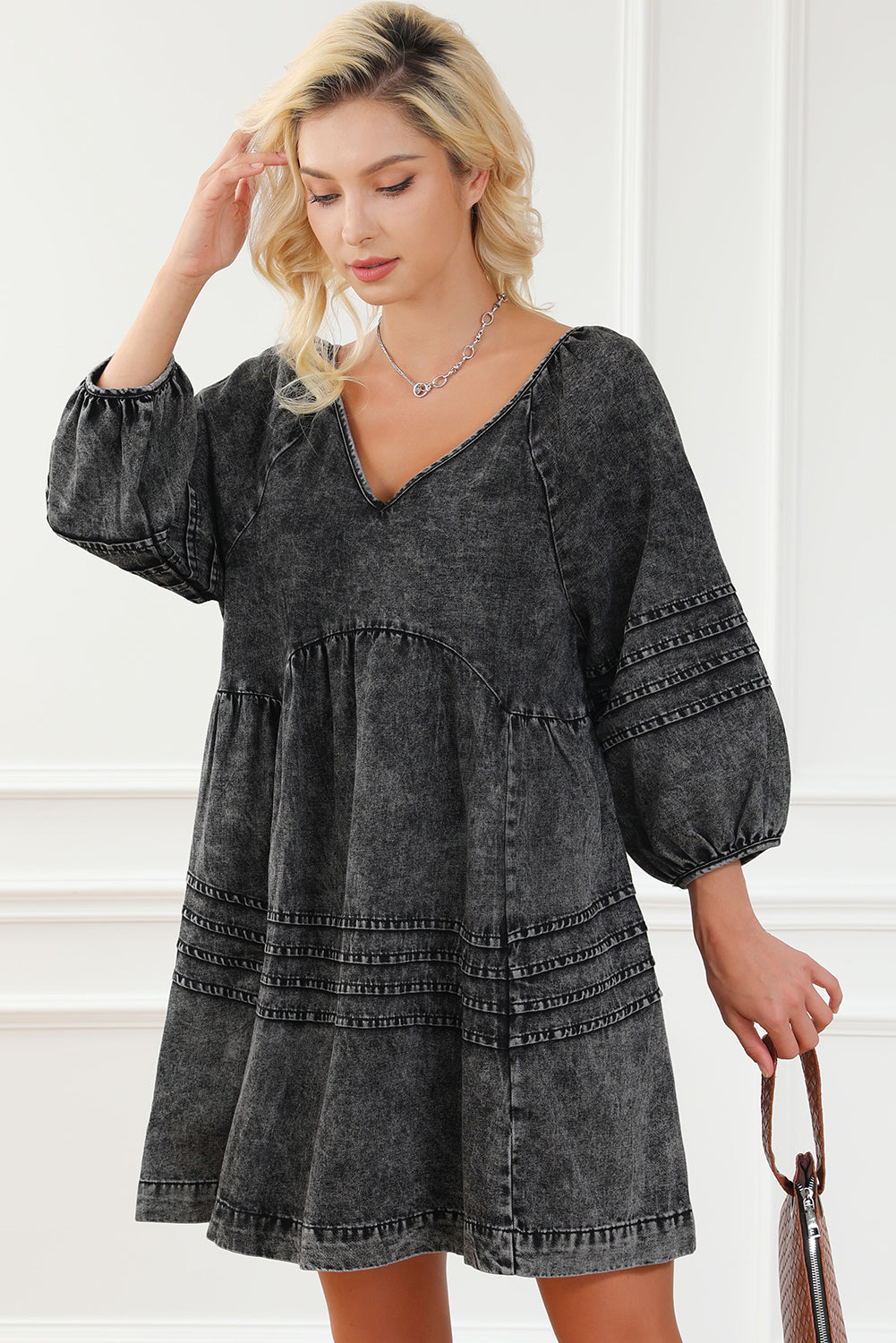 Blue Zone Planet | Black Pleated V Neck Puff Sleeve Denim Babydoll Dress-TOPS / DRESSES-[Adult]-[Female]-2022 Online Blue Zone Planet