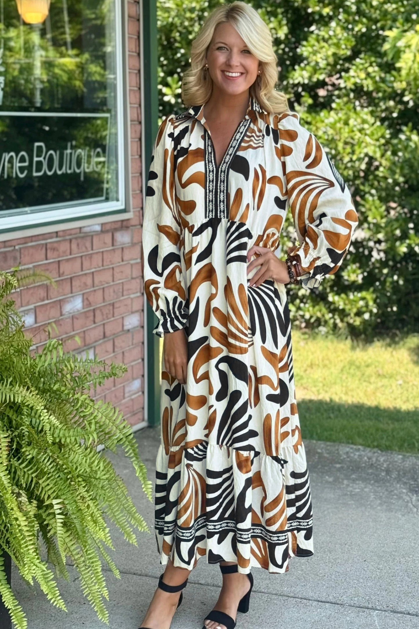 Brown Tropical Printed Contrast Trim Neck Long Sleeve Ruffle Hem Dress, Brown / S / 89%Viscose+11%Polyamide Brown Tropical Printed Contrast Trim Neck Long Sleeve Ruffle Hem Dress, Brown / S / 89%Viscose+11%Polyamide