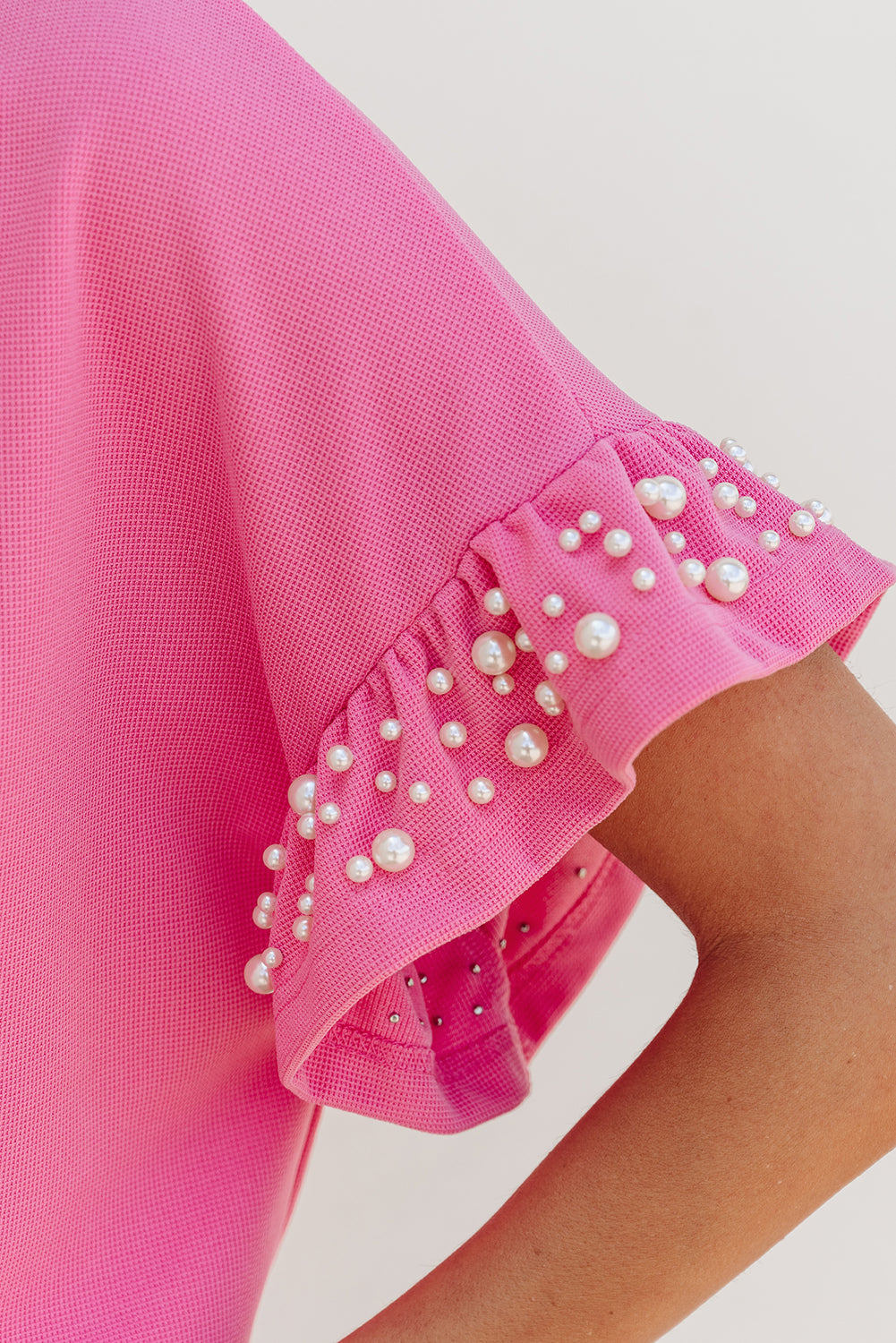 Bright Pink Textured Pearled Ruffle Sleeve Top 2 Piece Shorts Set-Two Piece Sets/Short Sets-[Adult]-[Female]-2022 Online Blue Zone Planet