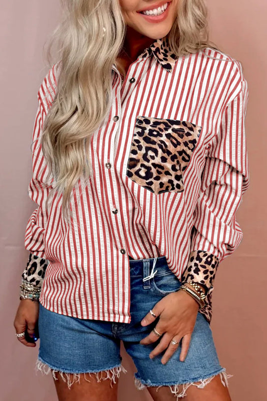 Racing Red Striped Leopard Print Patchwork Button Up Womens Shirt-Tops/Blouses & Shirts-[Adult]-[Female]-Racing Red-S-2022 Online Blue Zone Planet