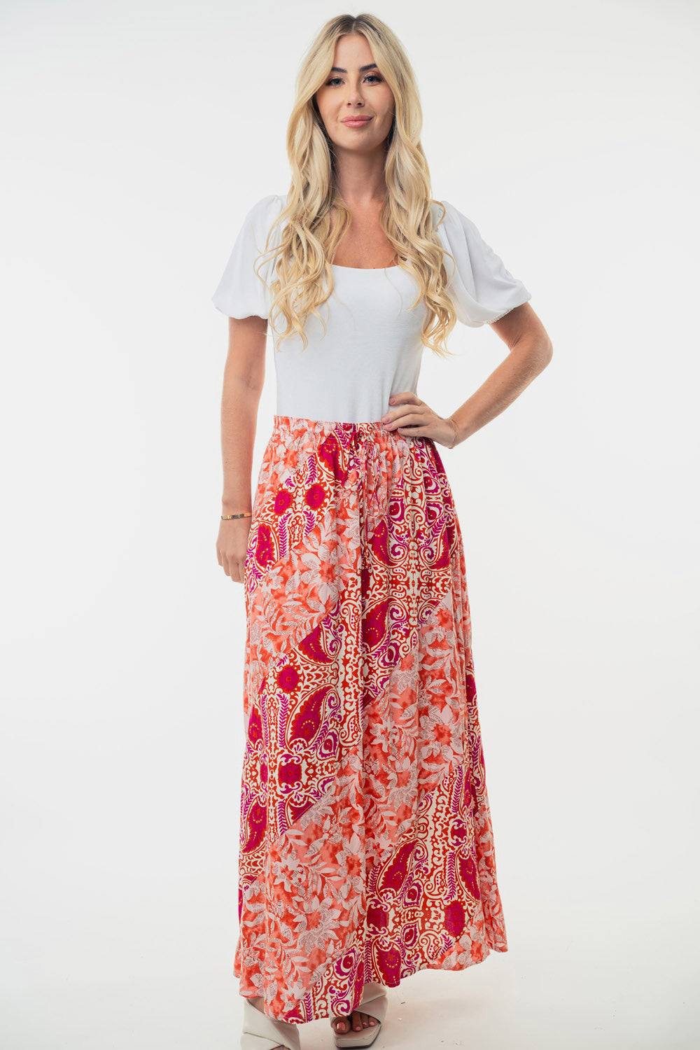 White Birch Full Size High Waisted Floral Woven Skirt-BOTTOMS SIZES SMALL MEDIUM LARGE-[Adult]-[Female]-Orange-S-2022 Online Blue Zone Planet