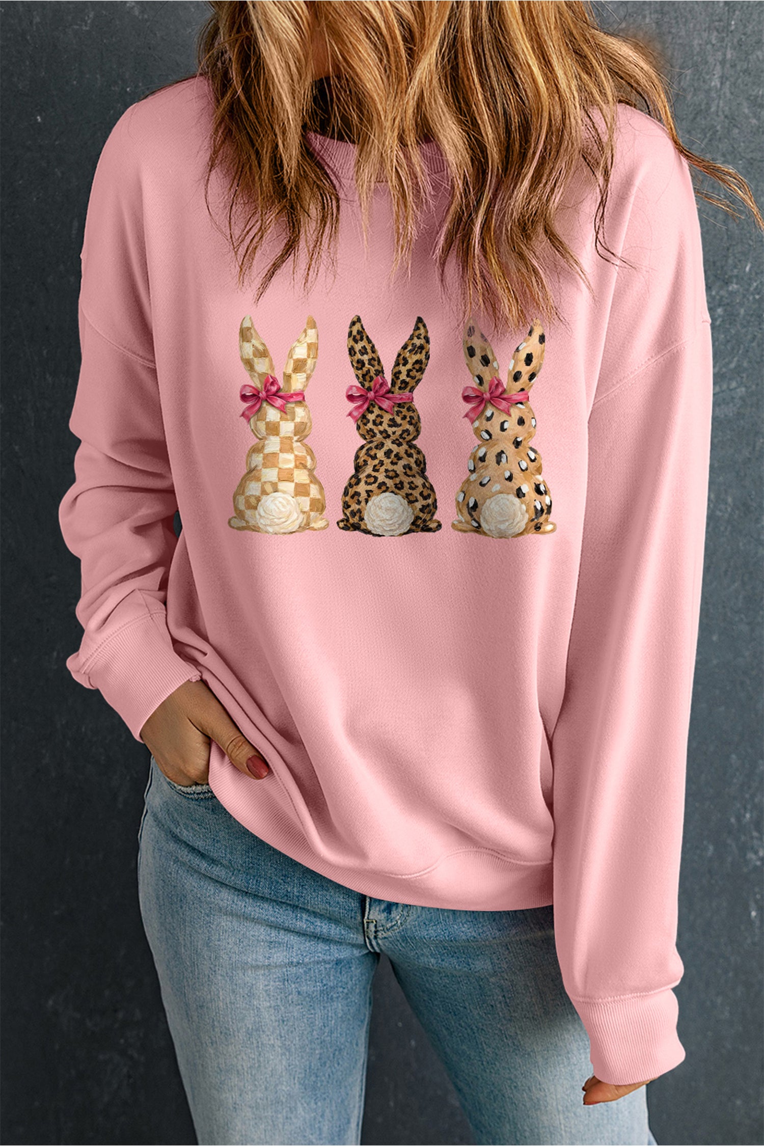 Pink Checkered Leopard Easter Bunny Dropped Shoulder Sweatshirt-Graphic Sweatshirts-[Adult]-[Female]-2022 Online Blue Zone Planet