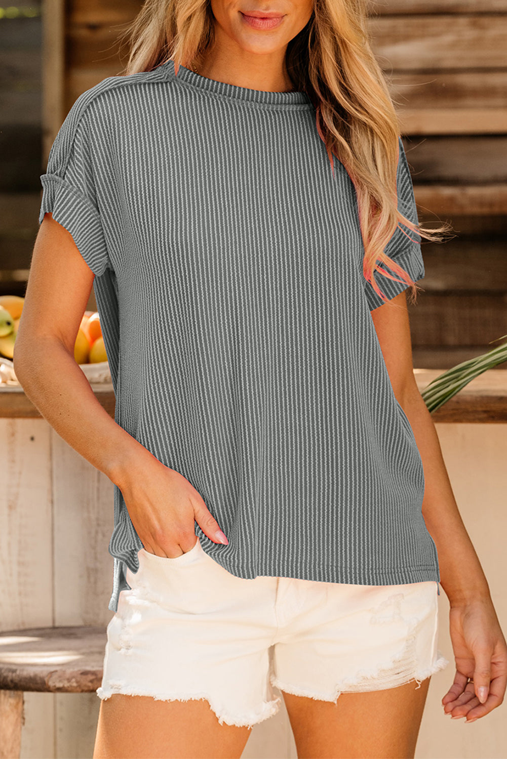 Black Textured Knit Exposed Stitching T-Shirt-Tops/Tops & Tees-[Adult]-[Female]-2022 Online Blue Zone Planet